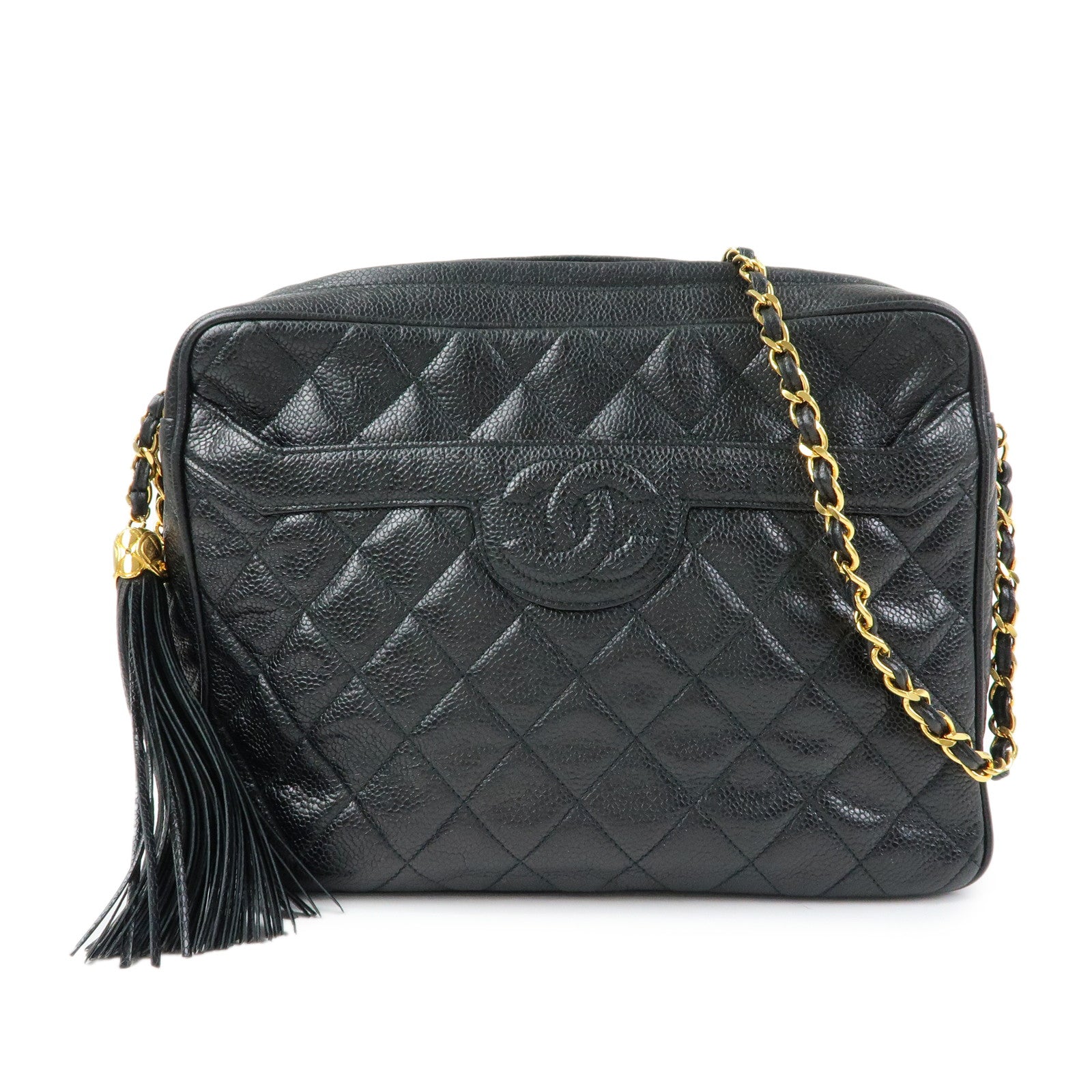 CHANEL Matelasse Cavairskin Chain Shoulder Bag Tassel Black Gold
