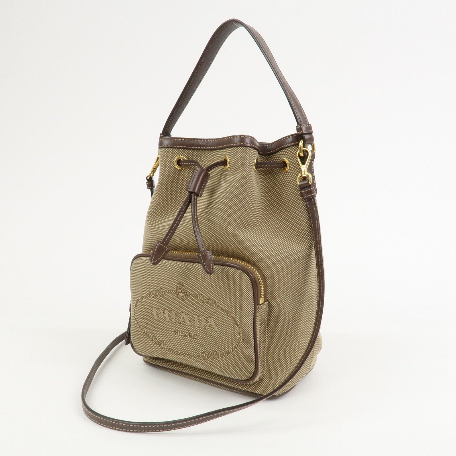 PRADA Jacquard Leather 2Way Bag Drawstring Hand Shoulder Bag 1BH038