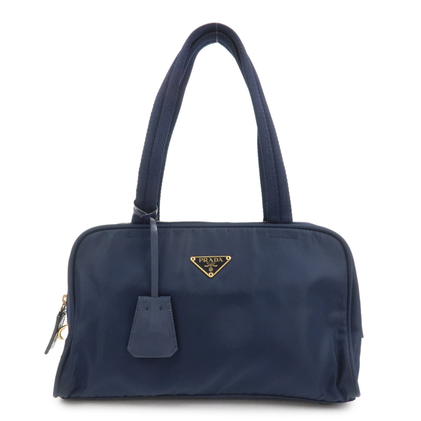 PRADA Triangle Logo Nylon Leather Hand Bag Navy