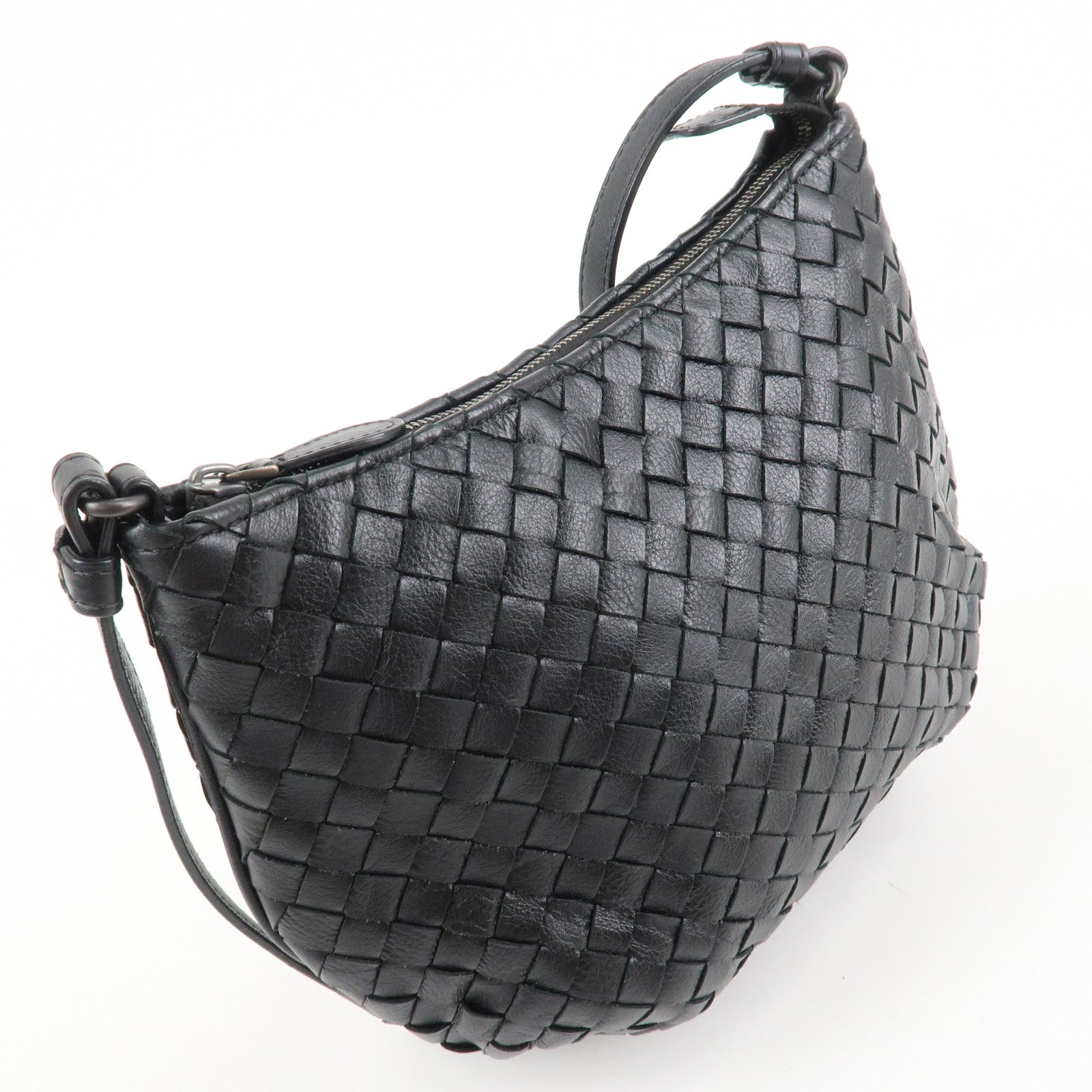 BOTTEGA VENETA Intrecciato Leather Shoulder Bag Black Used