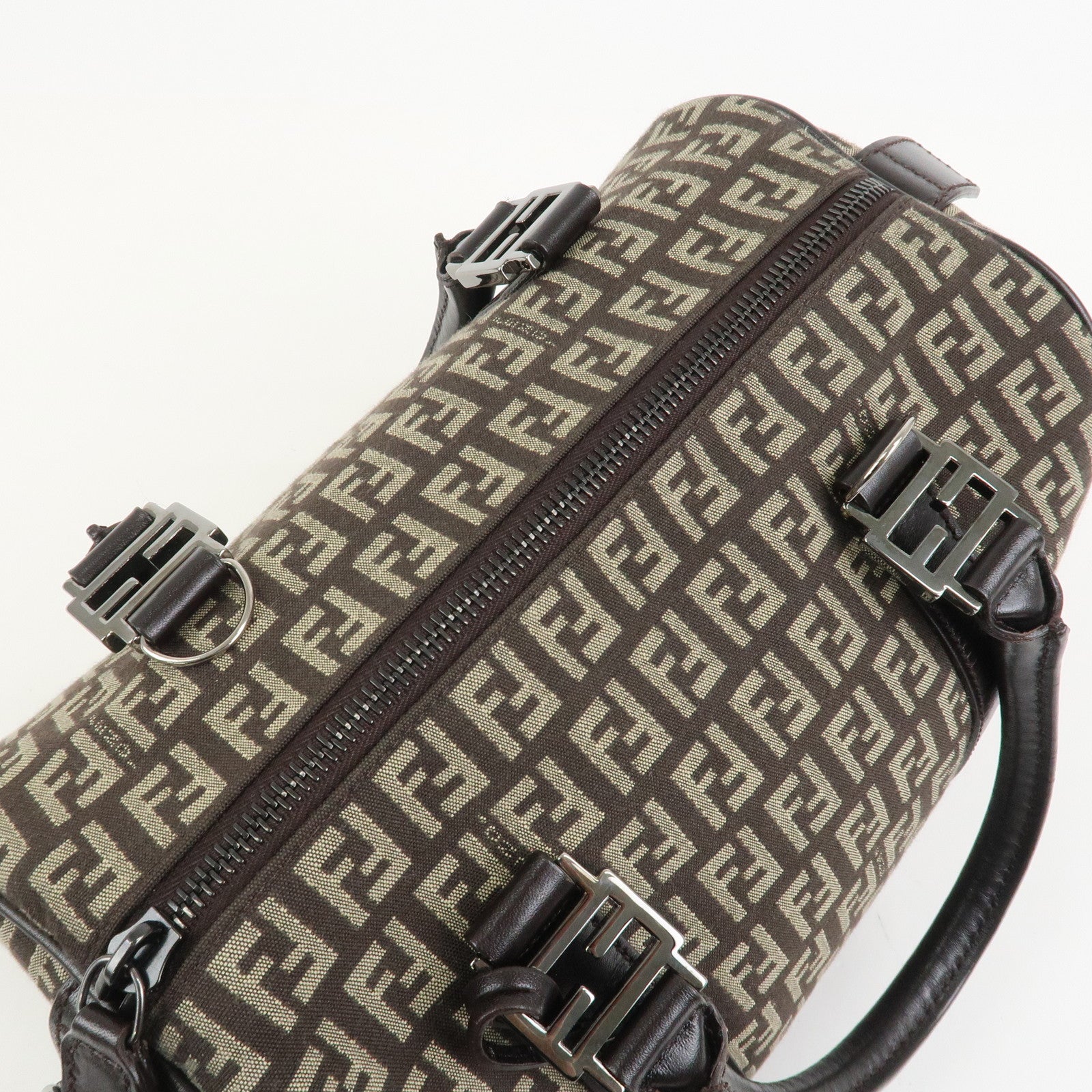 FENDI Zucchino Canvas Leather Hand Bag Boston Bag Brown 8BL068