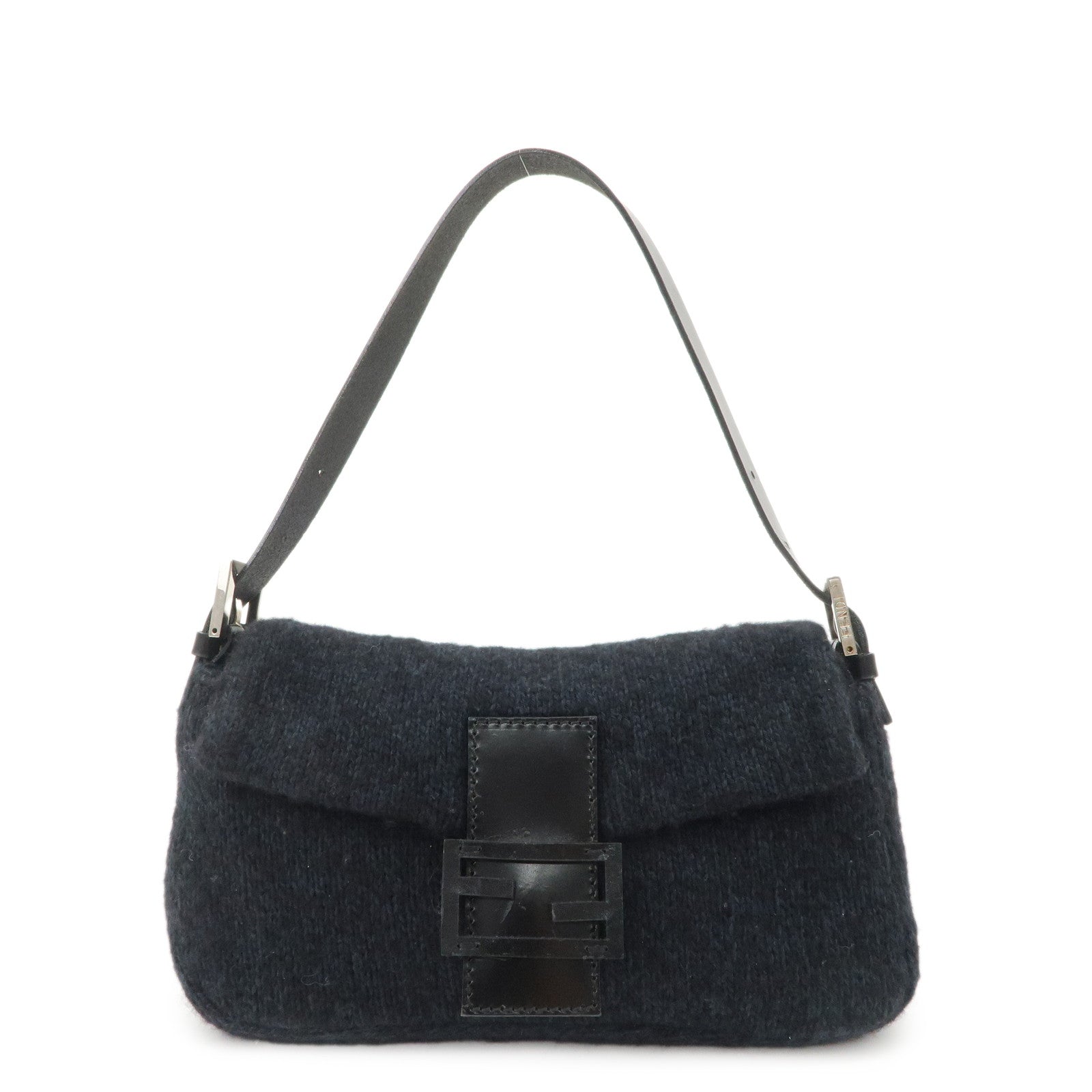 FENDI Mamma Baguette Knit Leather Shoulder Bag Dark Navy 26424