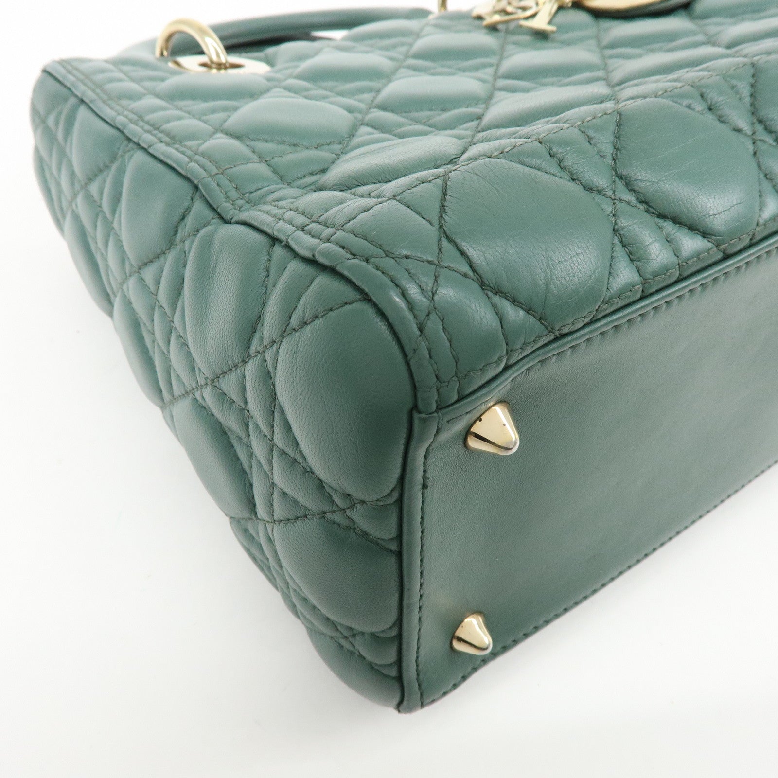 Christian Dior Lady Dior Cannage Lamb Skin 2Way Bag Hand Bag Green