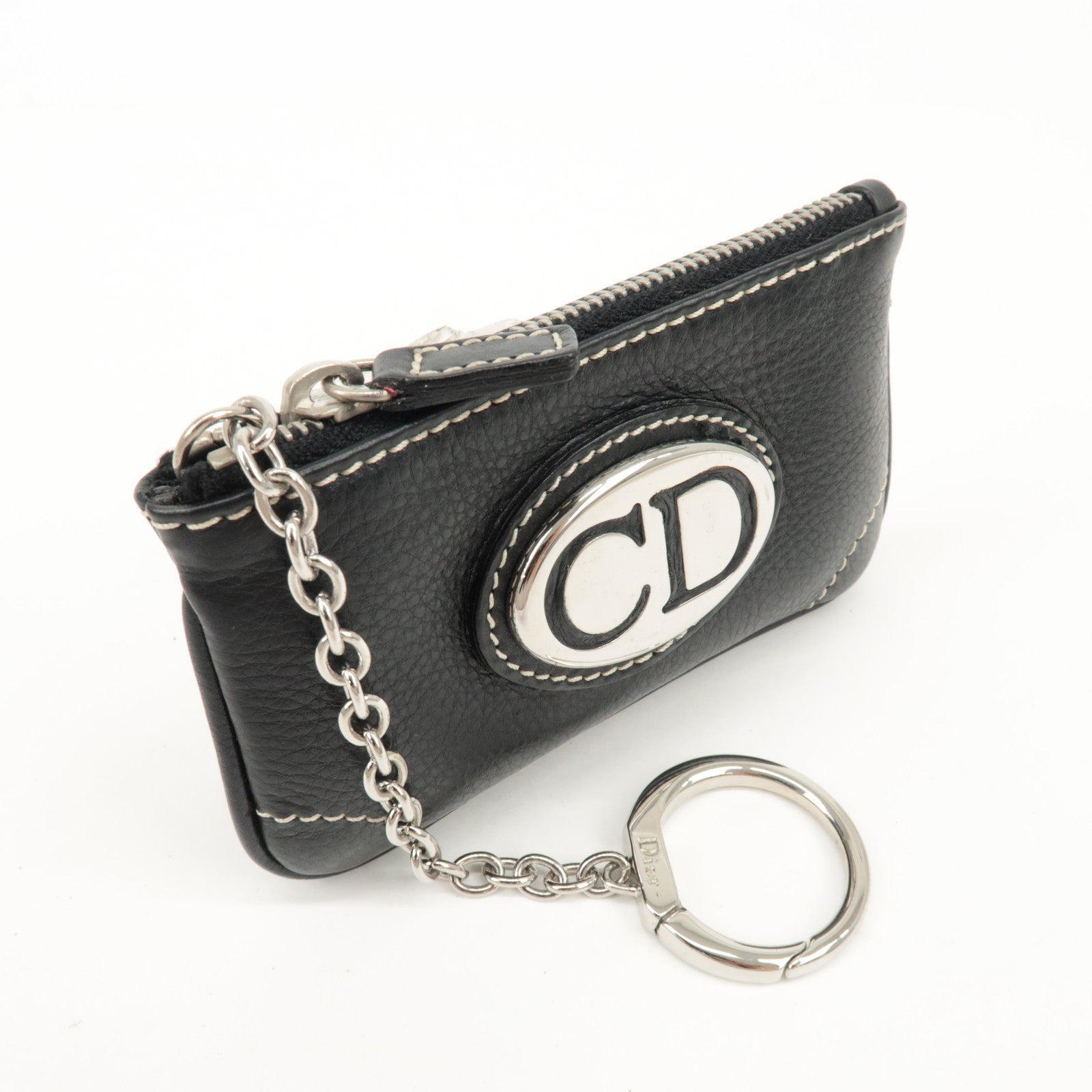 Christian Dior CD Logo Leather Coin Case Key Case Silver HDW Black Used