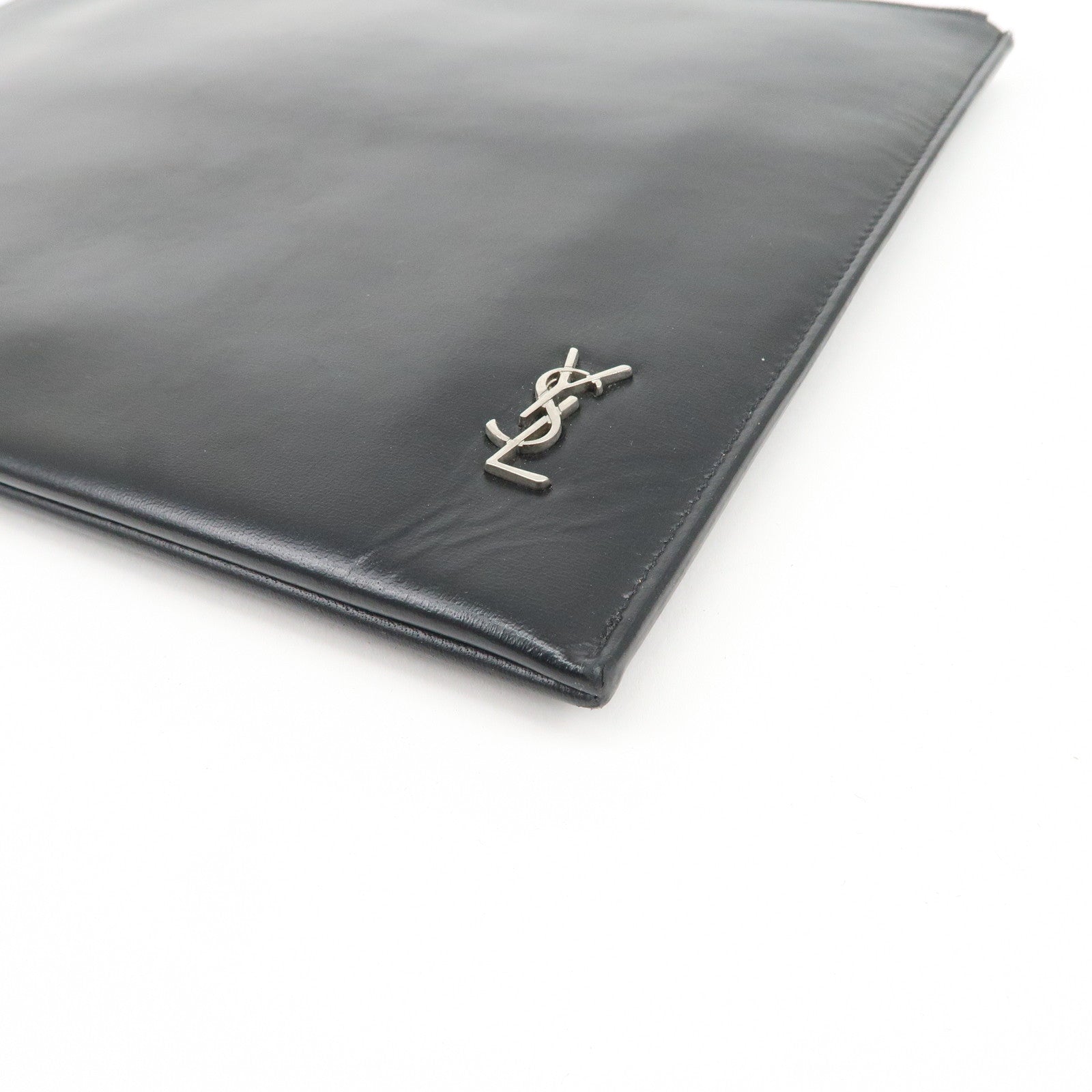 SAINT LAURENT Logo Leather Clutch Bag Black Silver HDW 607779