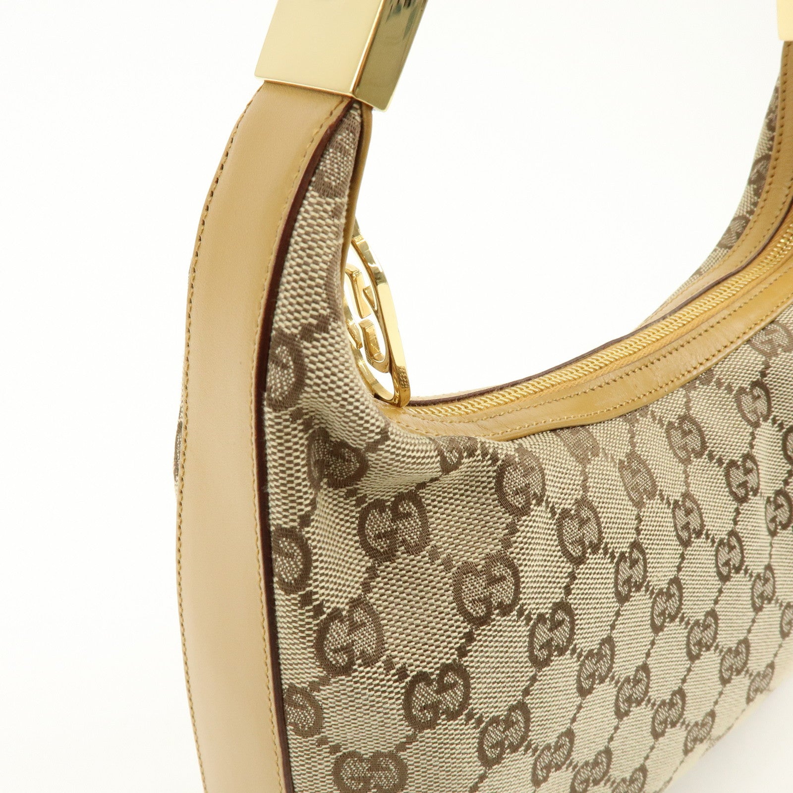 GUCCI GG Canvas Leather Shoulder Bag Beige Camel 001・3812・002122