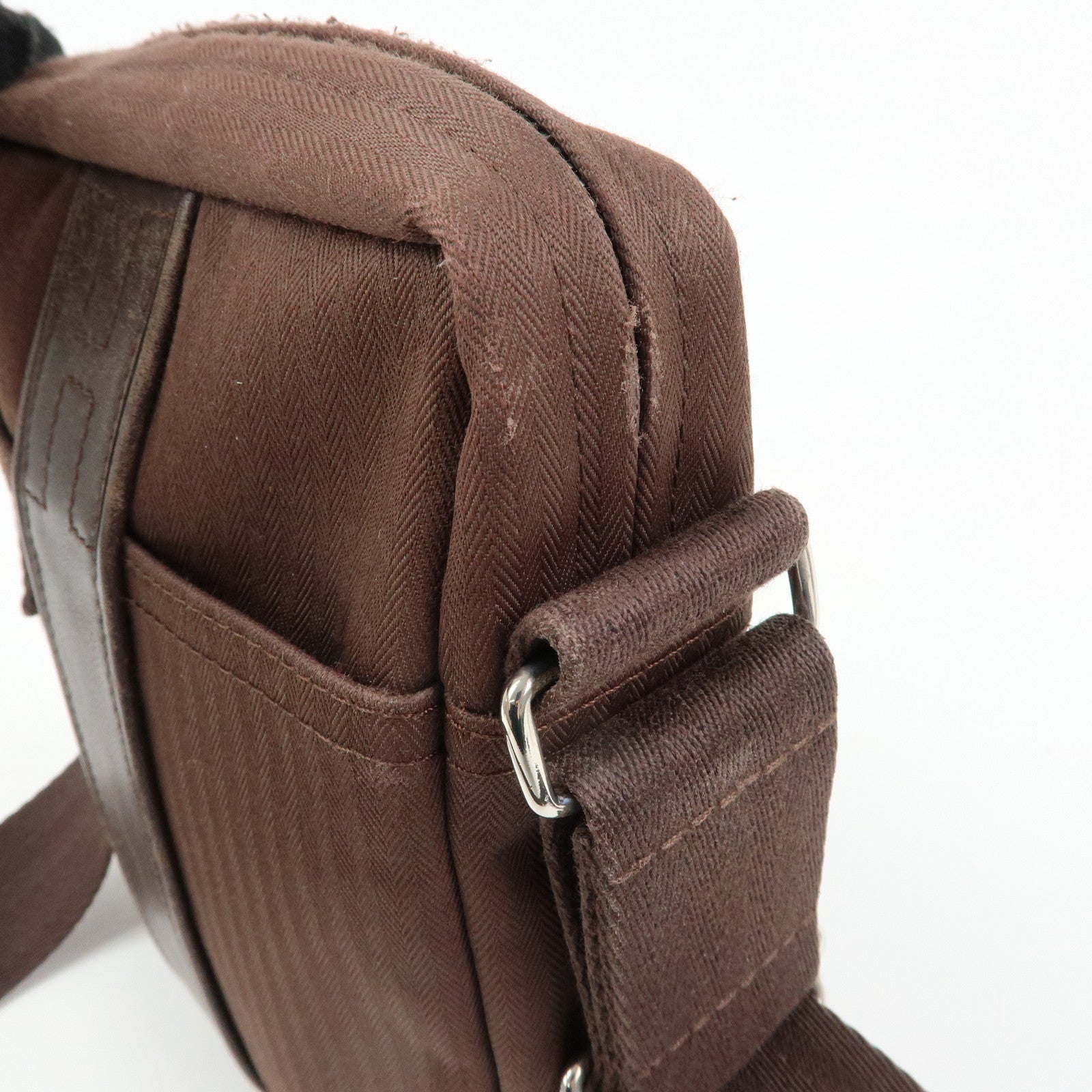 HERMES Toile Chevron Pochette Bandouliere PM Shoulder Bag Brown