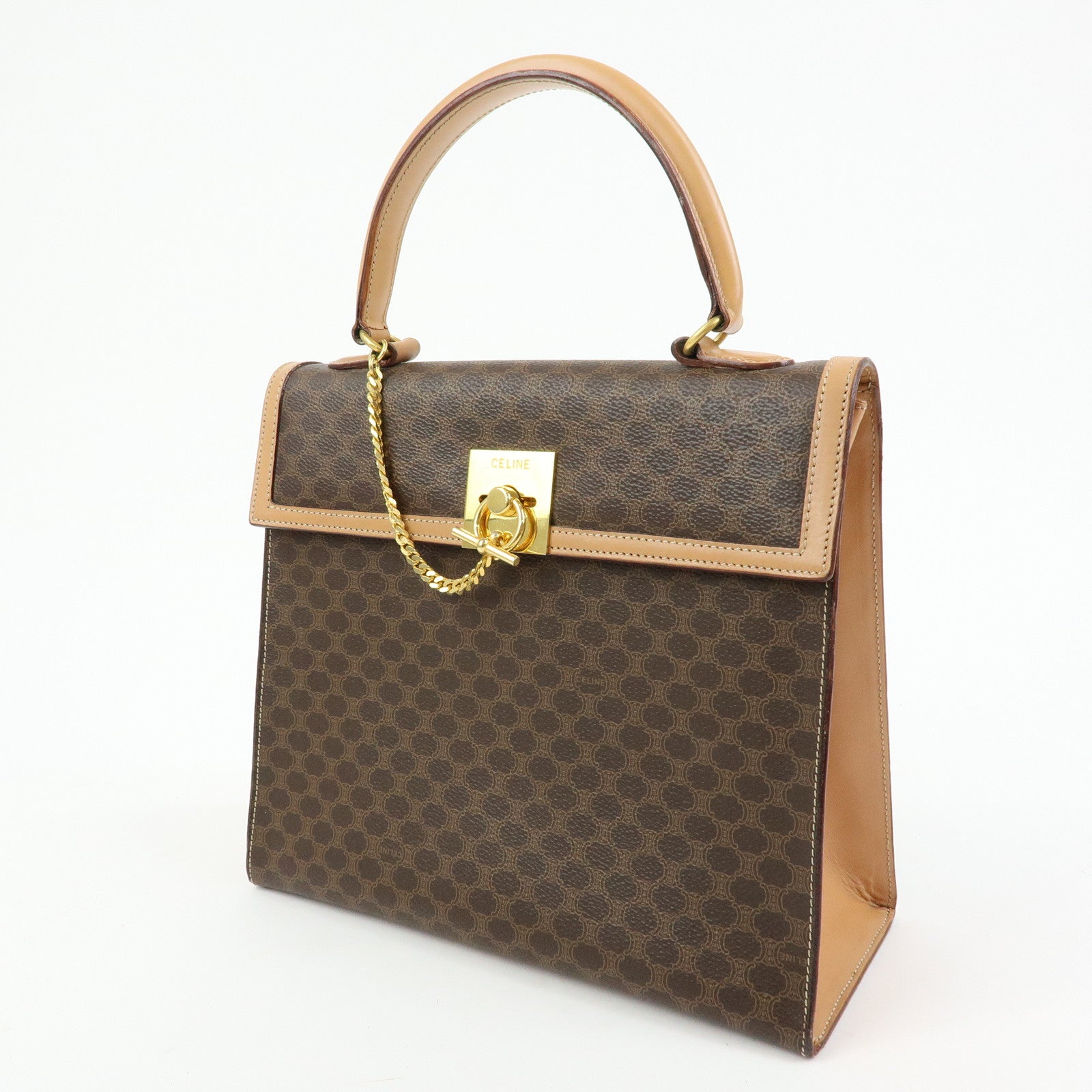 CELINE Macadam PVC Leather Hand Bag Top Handle Flap Bag Brown