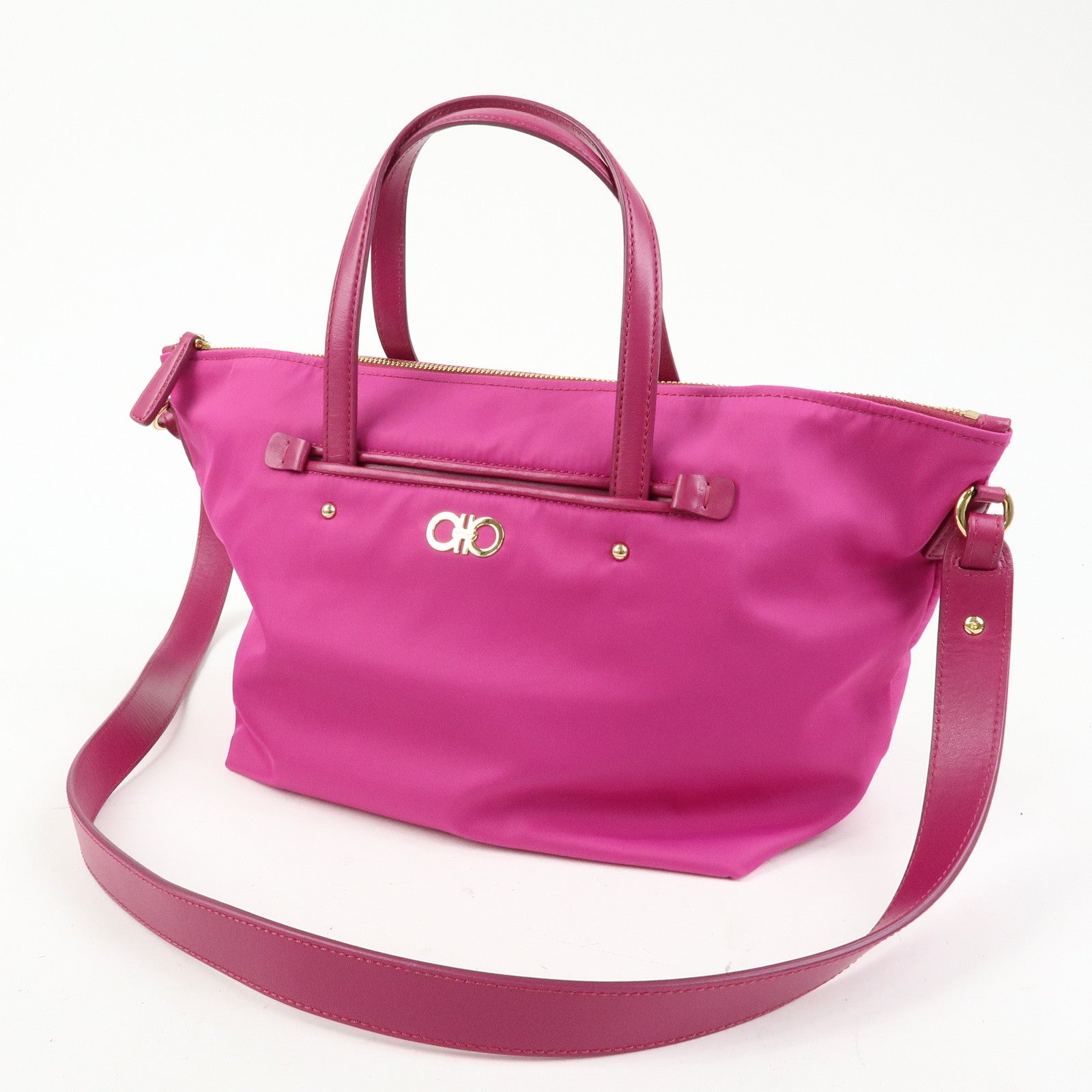 Ferragamo Gancini Nylon Leather 2Way Bag Hand Bag Shoulder Bag Pink