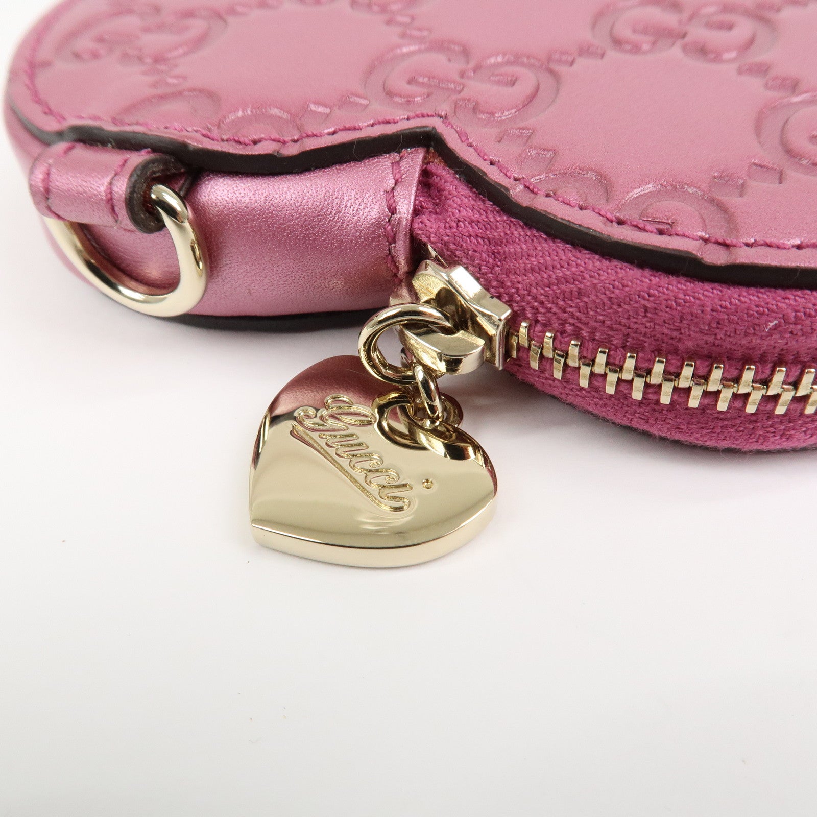 GUCCI Lovely Heart Guccissima Leather Coin Case MetallicPink 152615