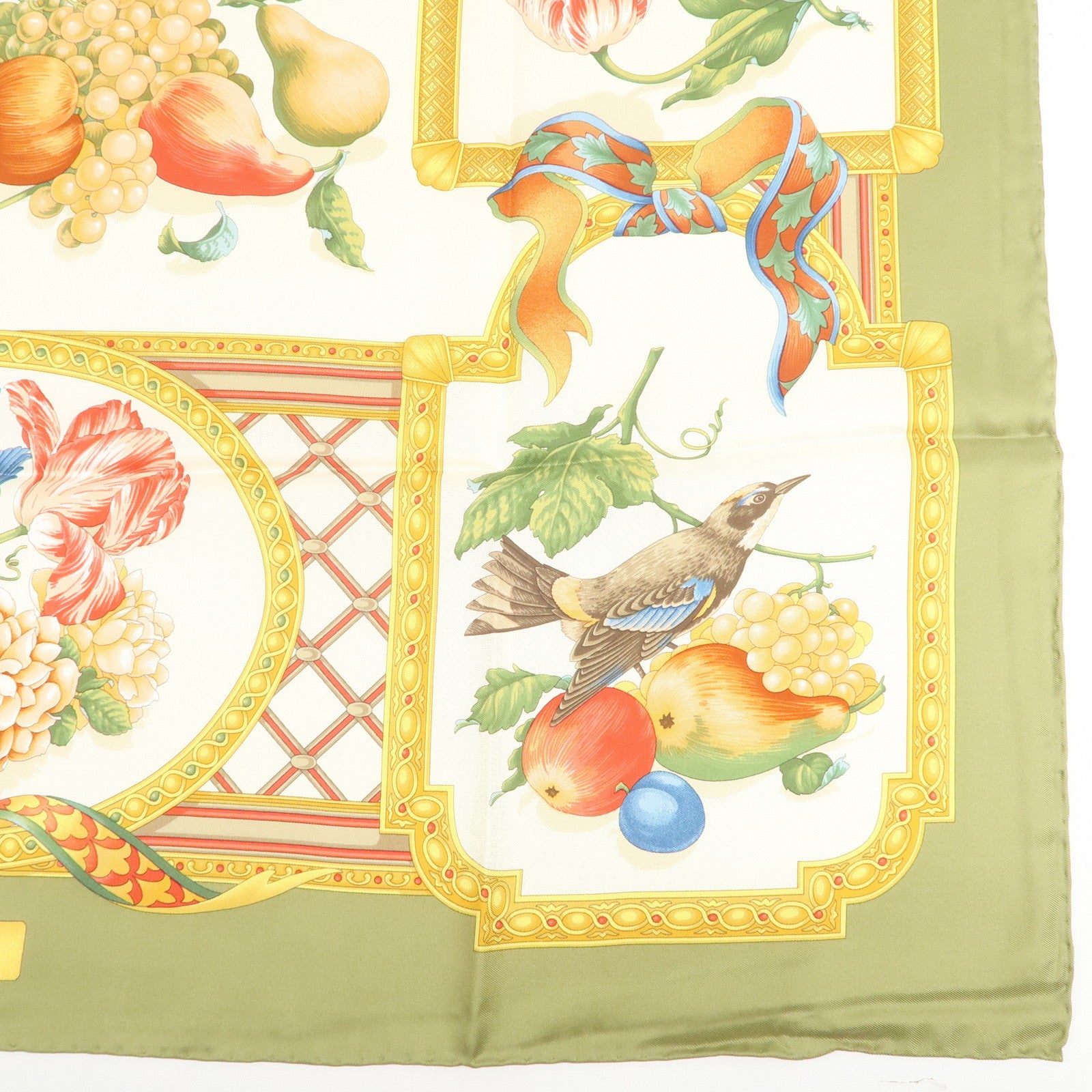 Ferragamo Flower Fruit Motif Silk 100% Scarf Ivory Green Orange