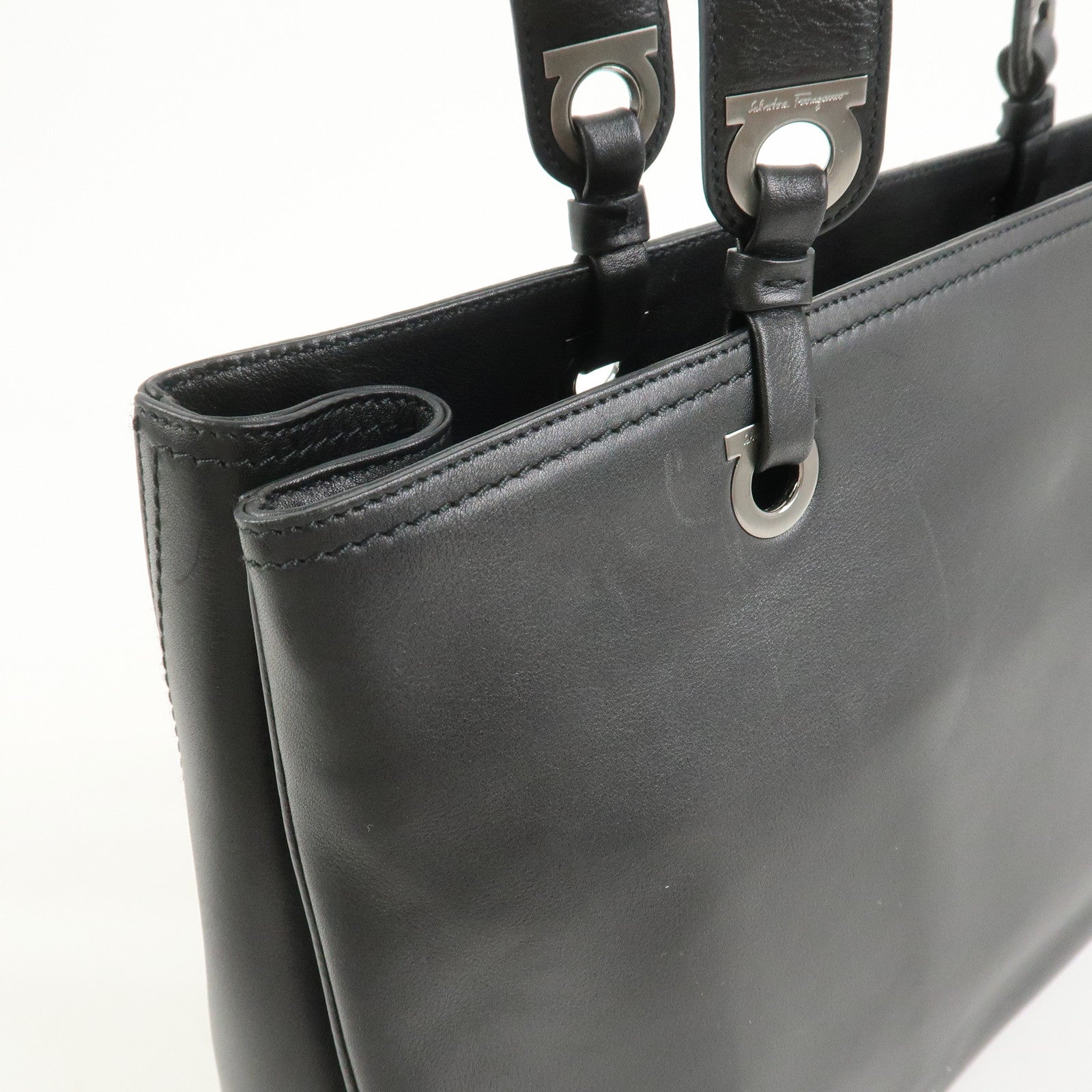 Ferragamo Gancini Leather Tote Bag Shoulder Bag Black