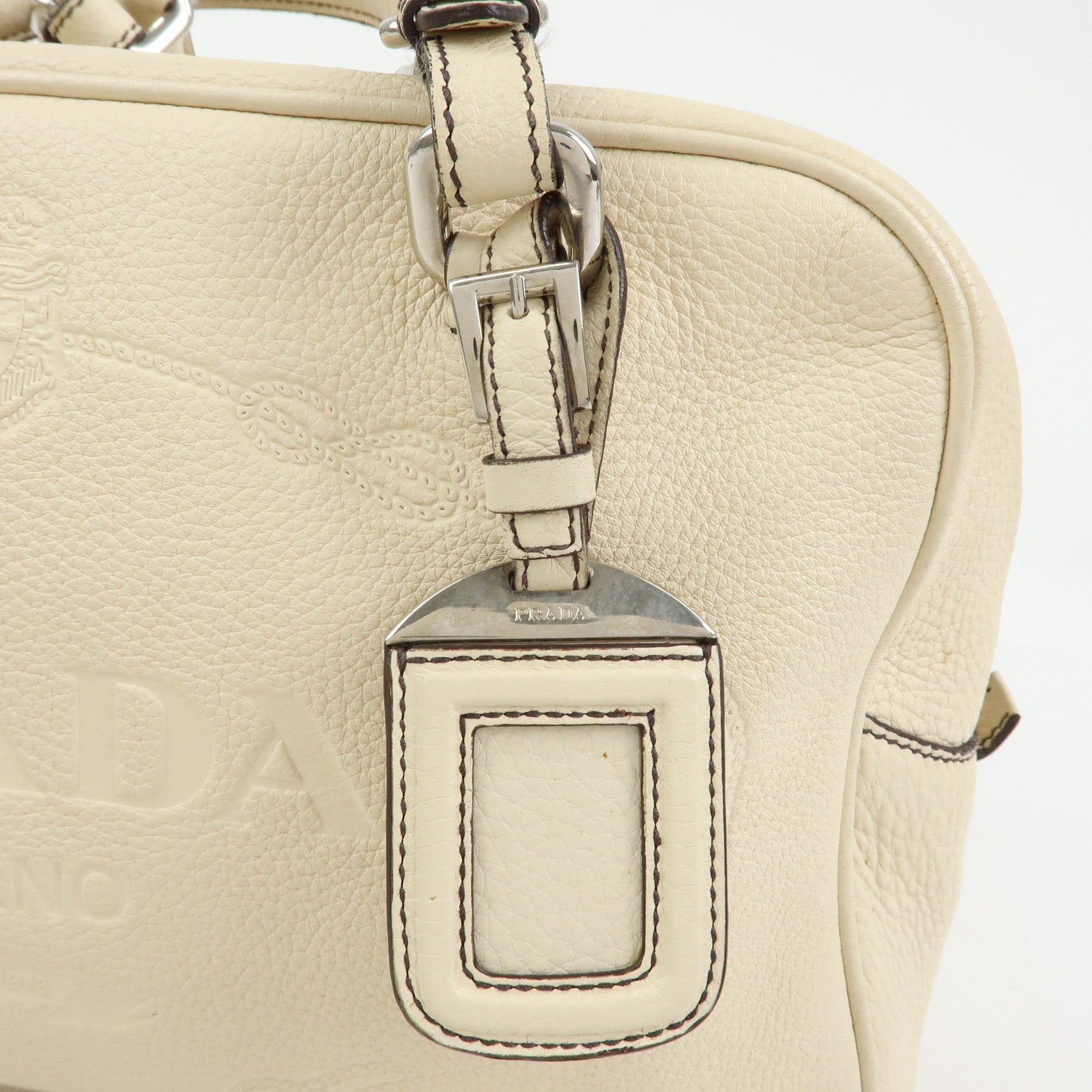 PRADA Vitello Daino Leather Boston Bag Shoulder Bag Ivory BR3091