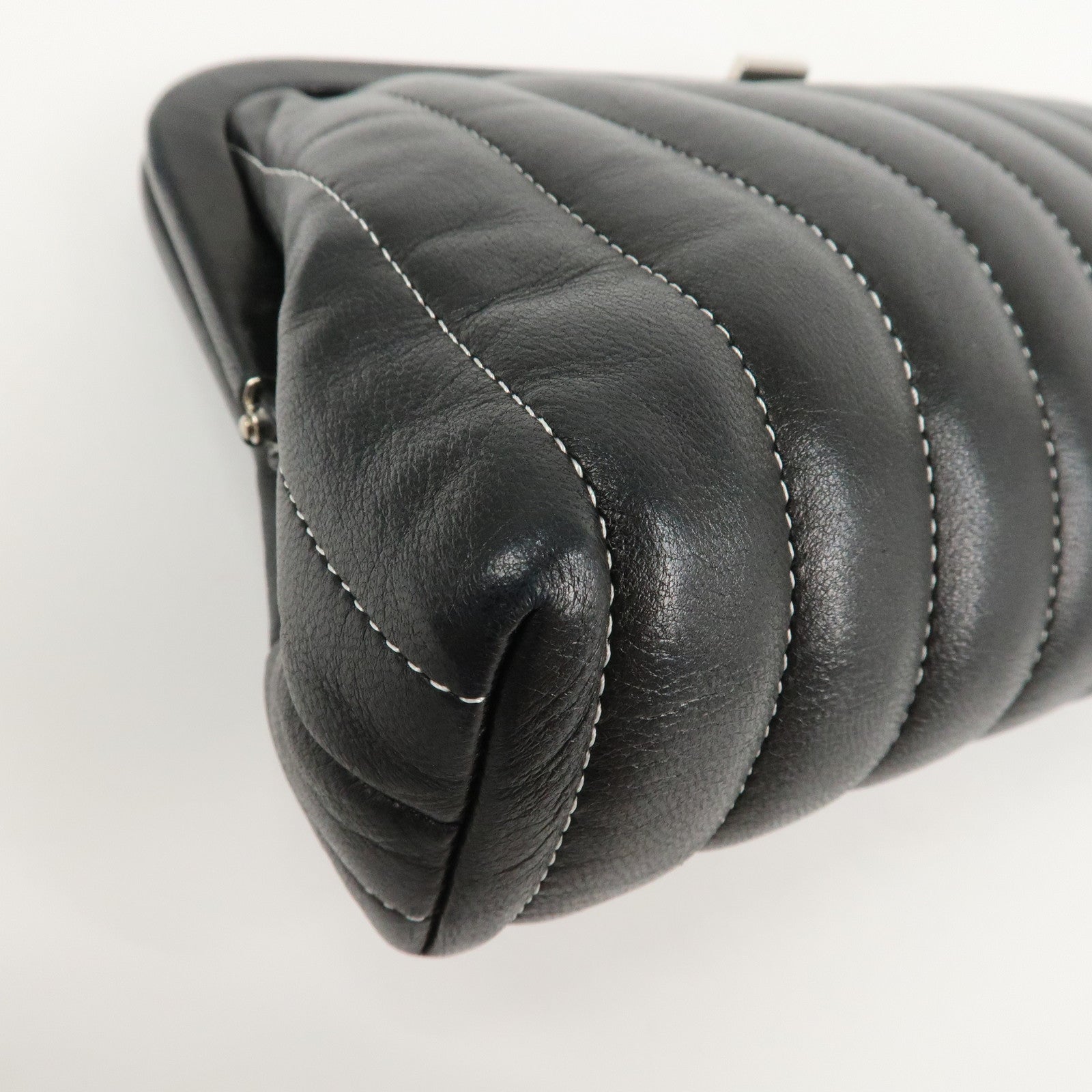 CHANEL Mademoiselle Line Lamb Skin Clutch Bag Hand Bag Black