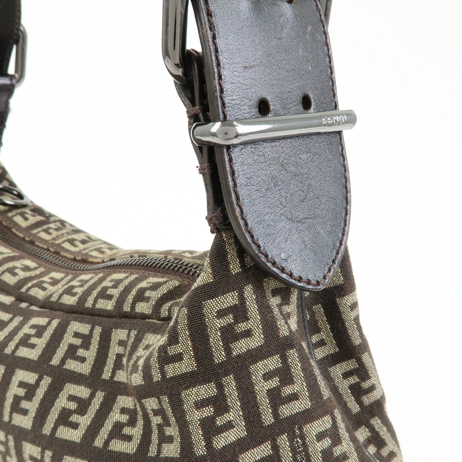 FENDI Zucchino Canvas Leather Shoulder Bag Dark Brown 8BR228