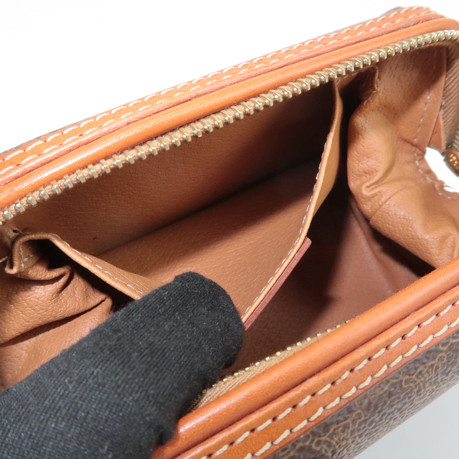 CELINE Macadam PVC Leather Canvas Pouch Brown Gold Hardware