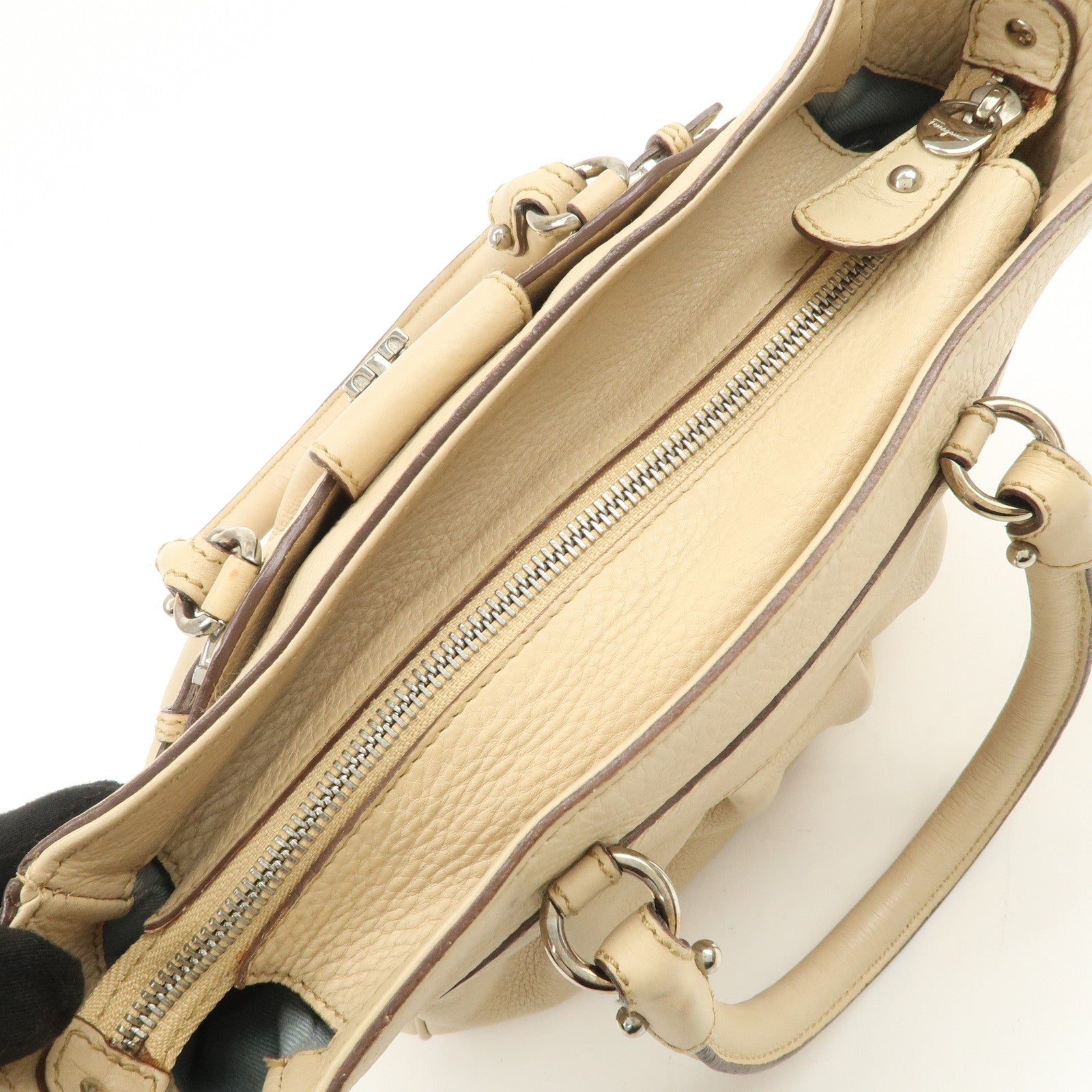 Ferragamo Gancini Leather 2Way Bag Hand Bag Shoulder Bag Beige