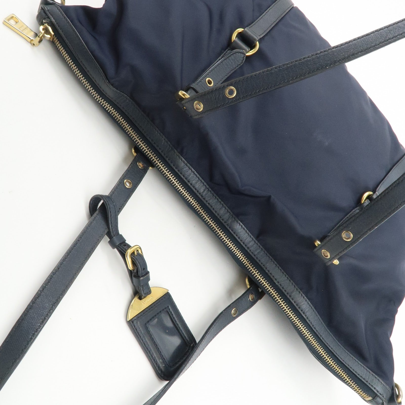 PRADA Nylon Saffiano Leather Shoulder Bag Tote Bag Navy