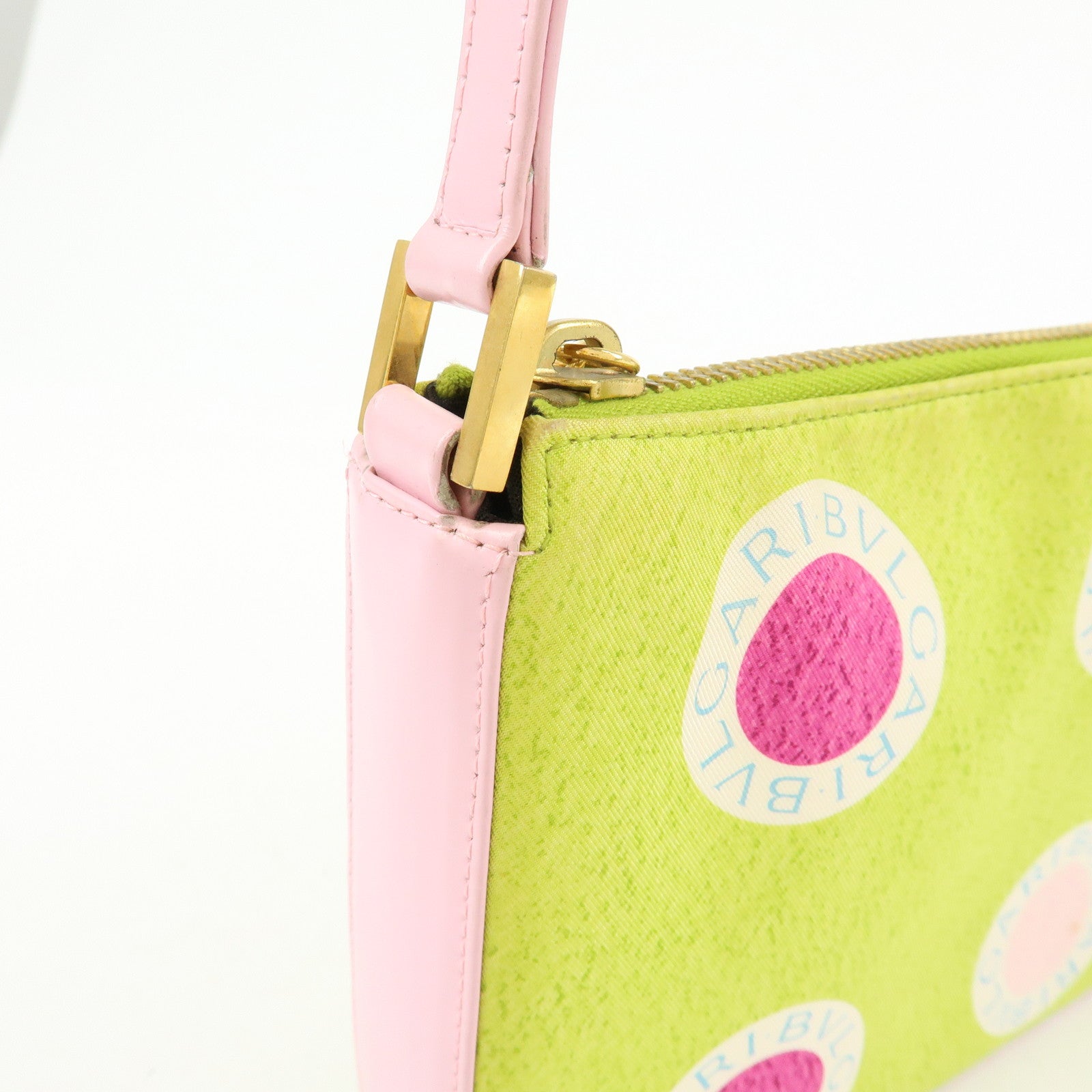 BVLGARI Nylon Leather Shoulder Bag Hand Bag Light Pink Light Green