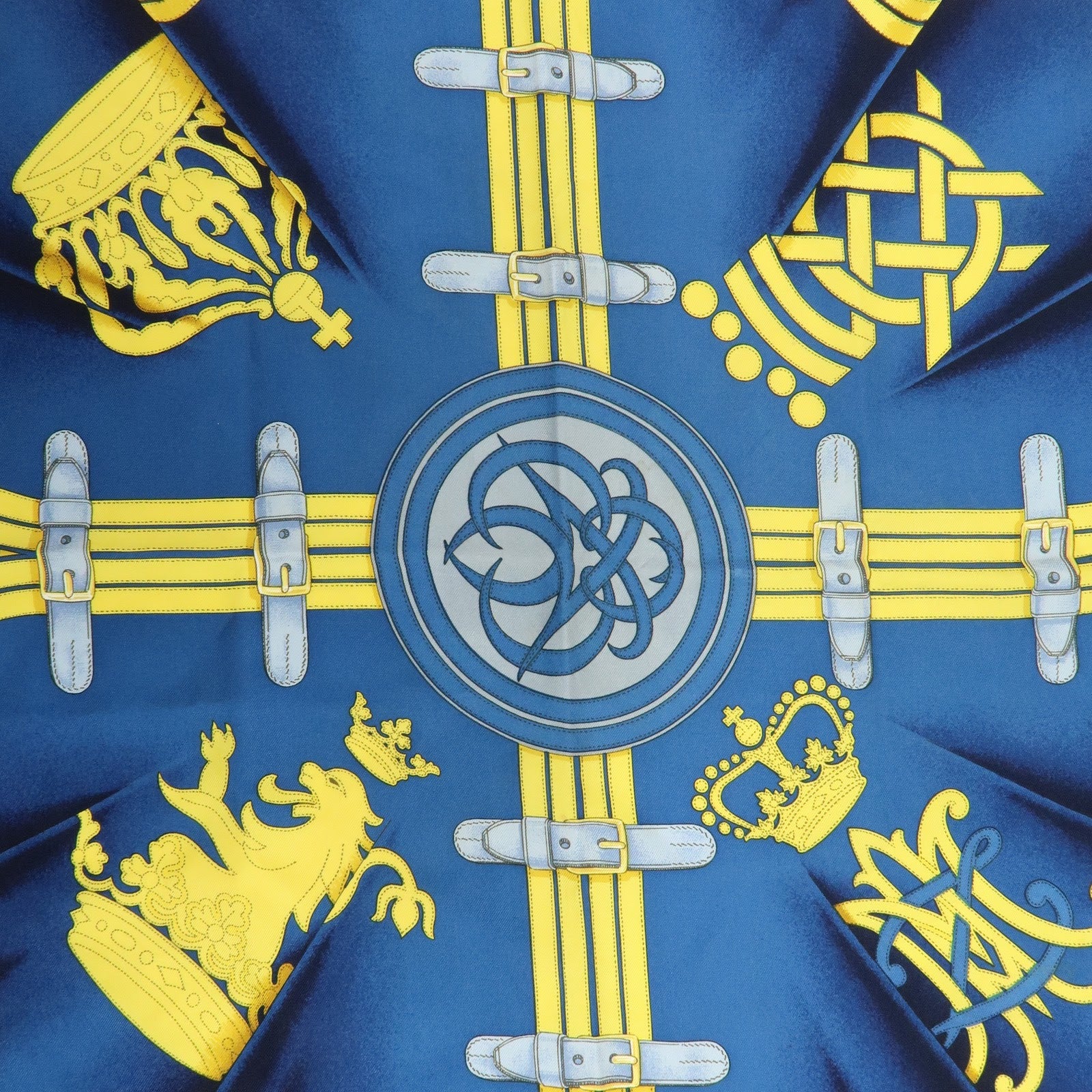 HERMES Carre 90 Silk 100% Scarf GRANDE TENUE Gold Navy Red