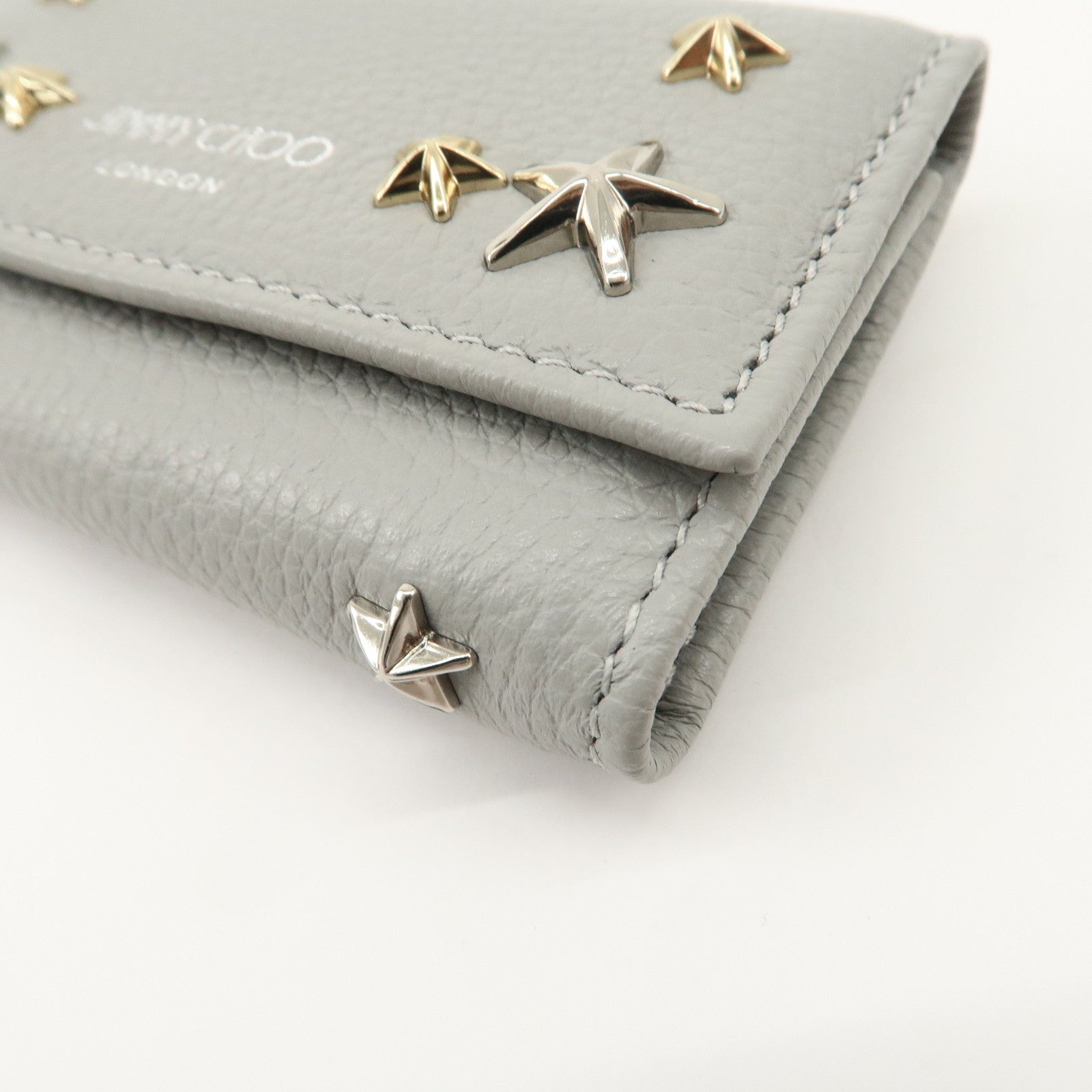 JIMMY CHOO Neptune Leather Studs Key Case Gray Silver Gold 101953 Used