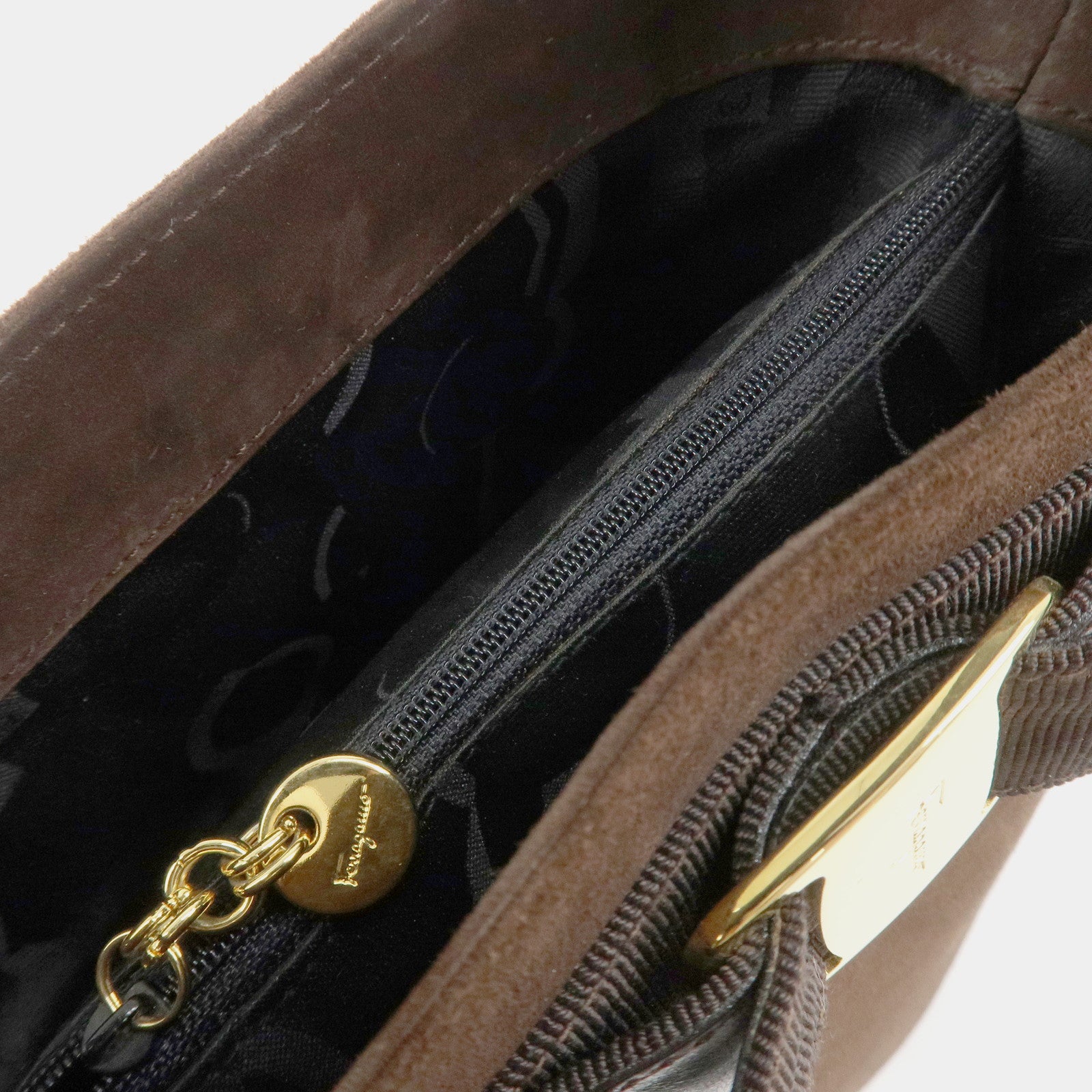 Ferragamo Vara Ribbon Suede Leather Hand Bag Brown Gold