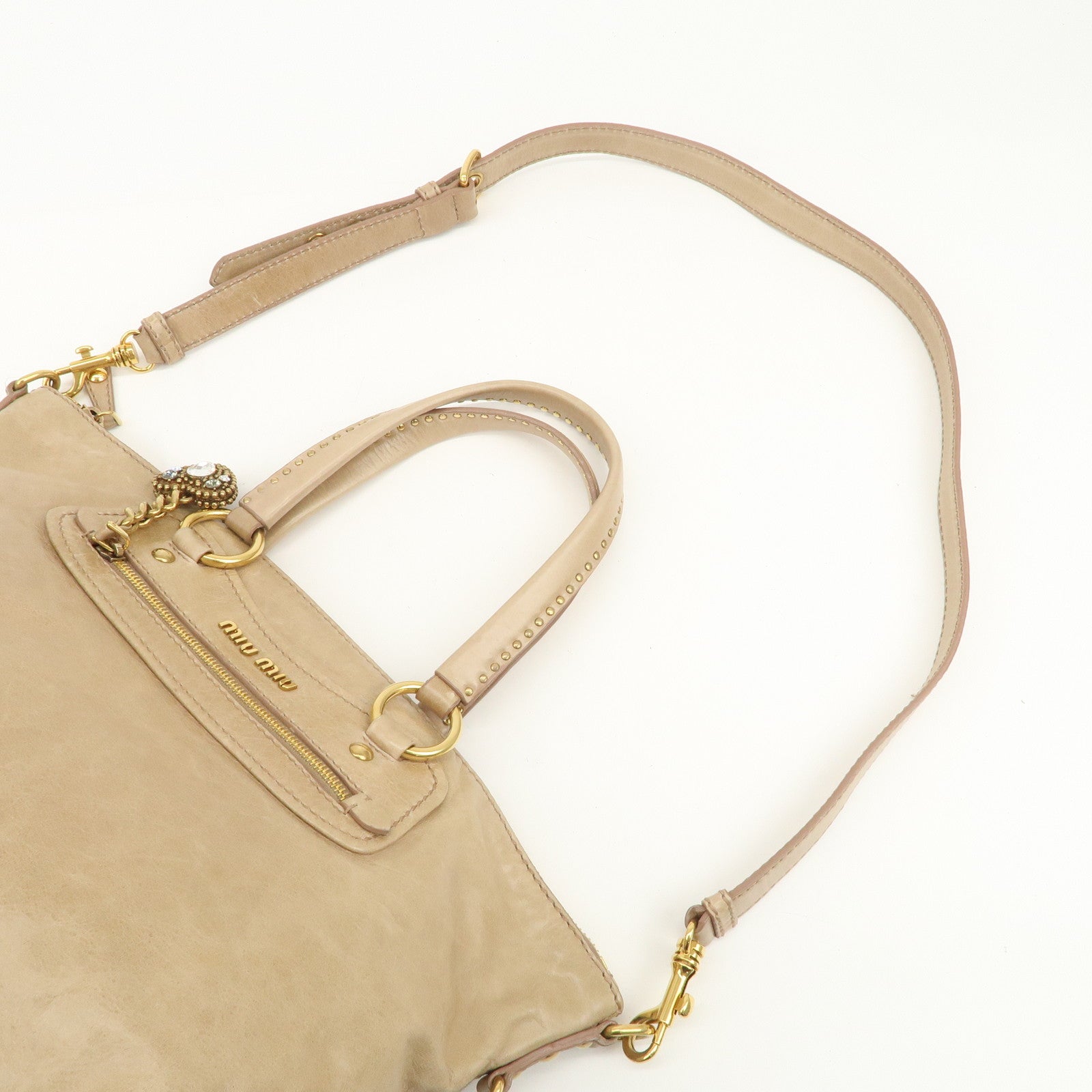MIU MIU Logo Leather 2Way Bag Hand Bag Shoulder Bag Beige RN0728