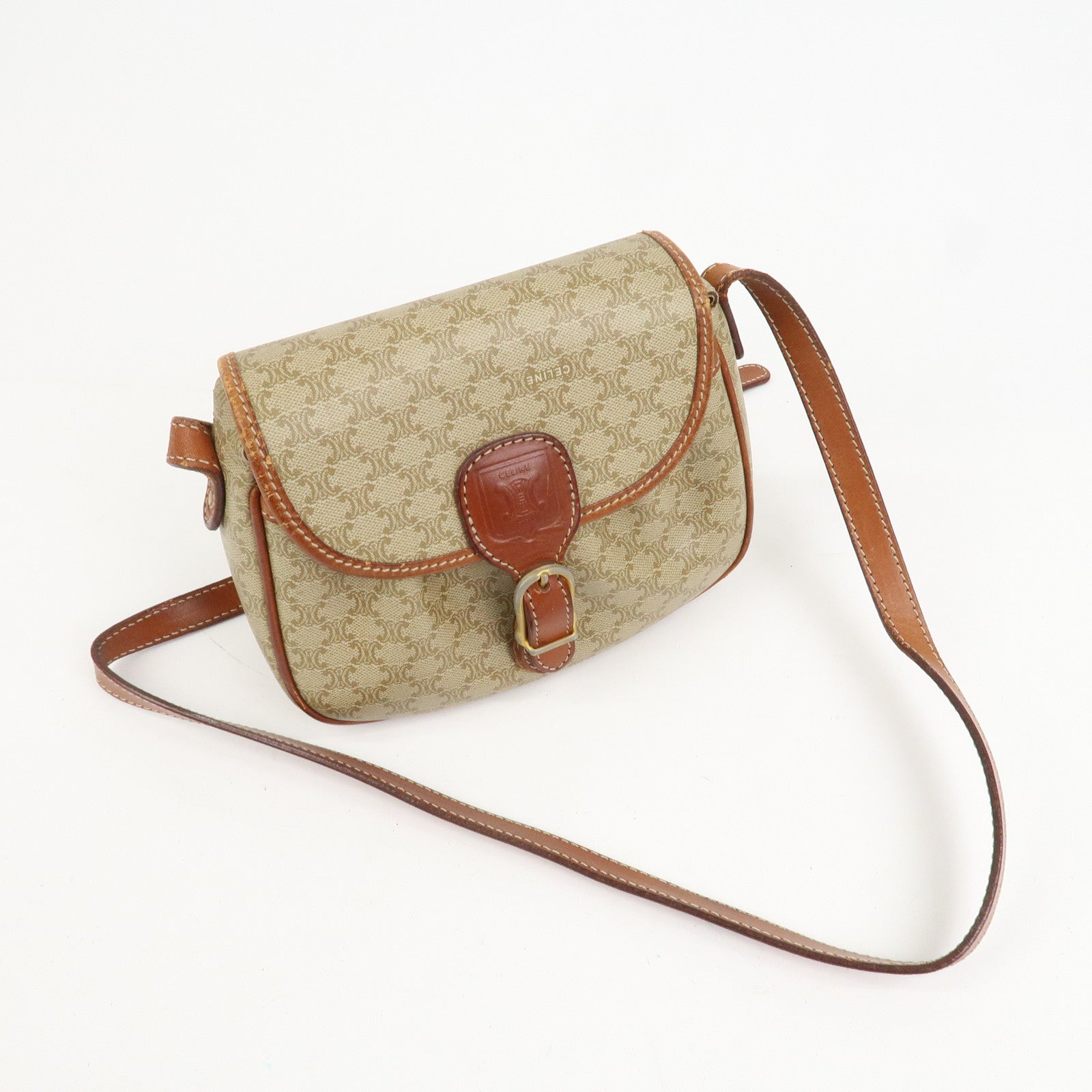 CELINE Macadam PVC Leather Shoulder Bag Beige Brown Gold HDW