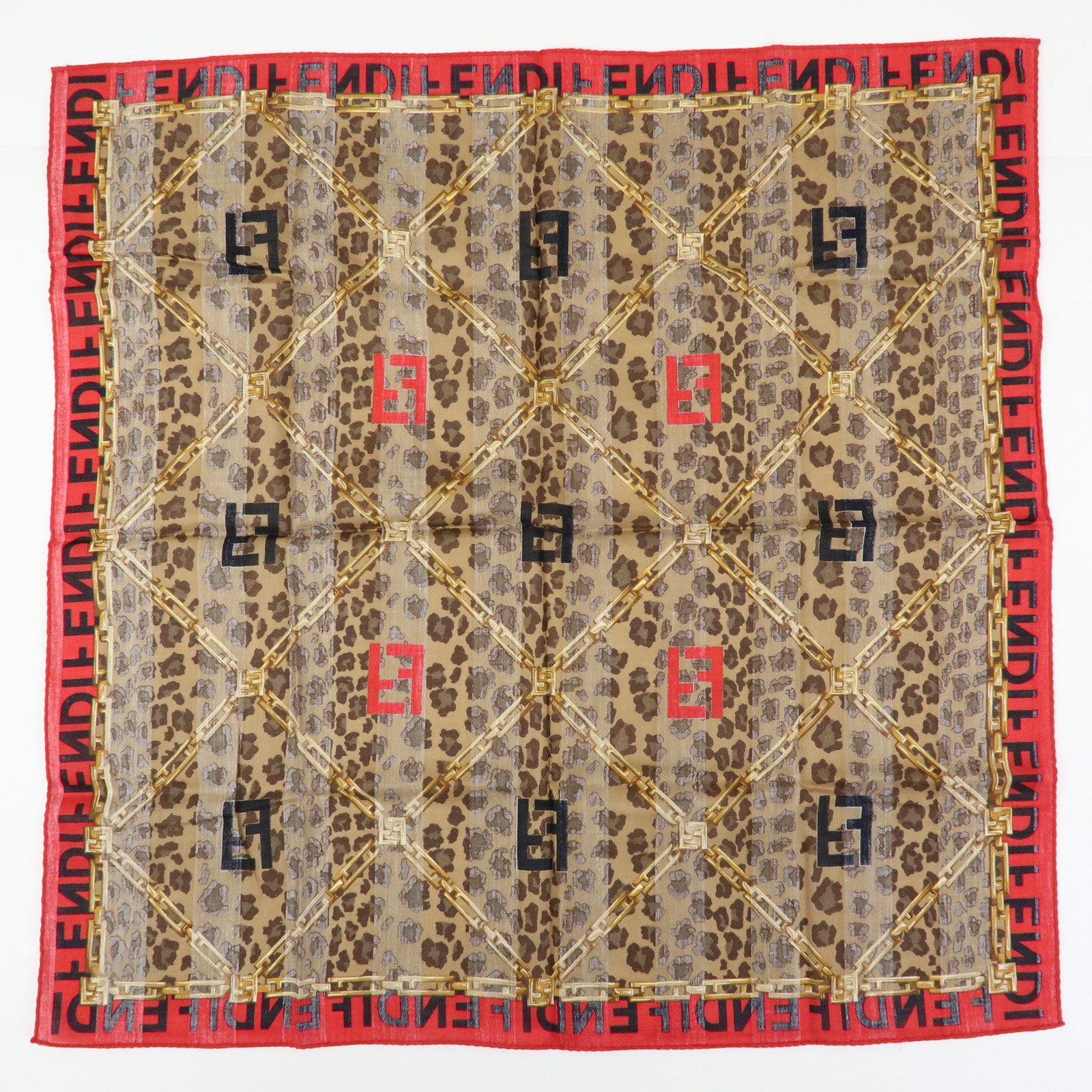 FENDI Cotton Scarf 57x57 Leopard Chain Motif Brown Red