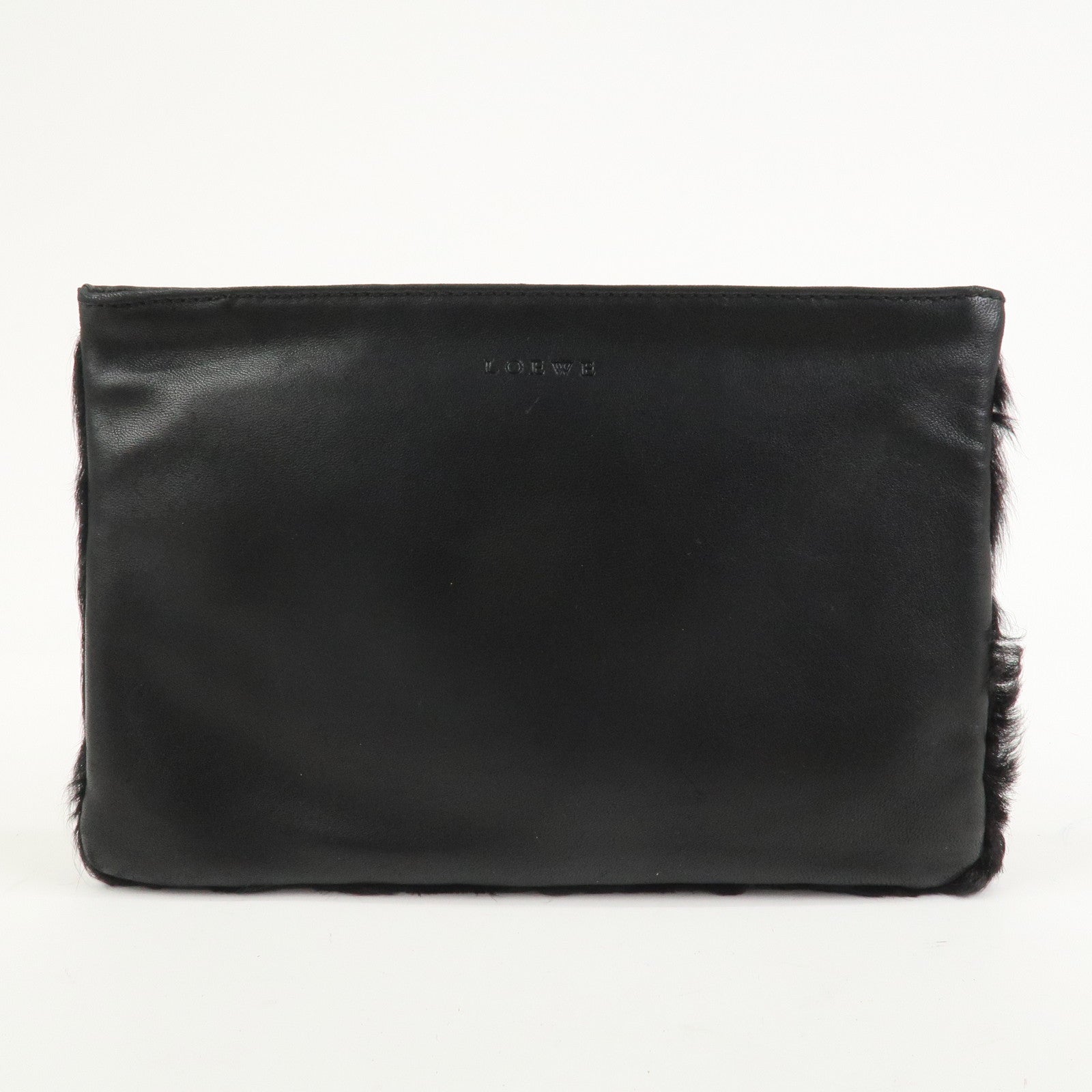 LOEWE Logo Fur Leather Cosmetic Pouch Black