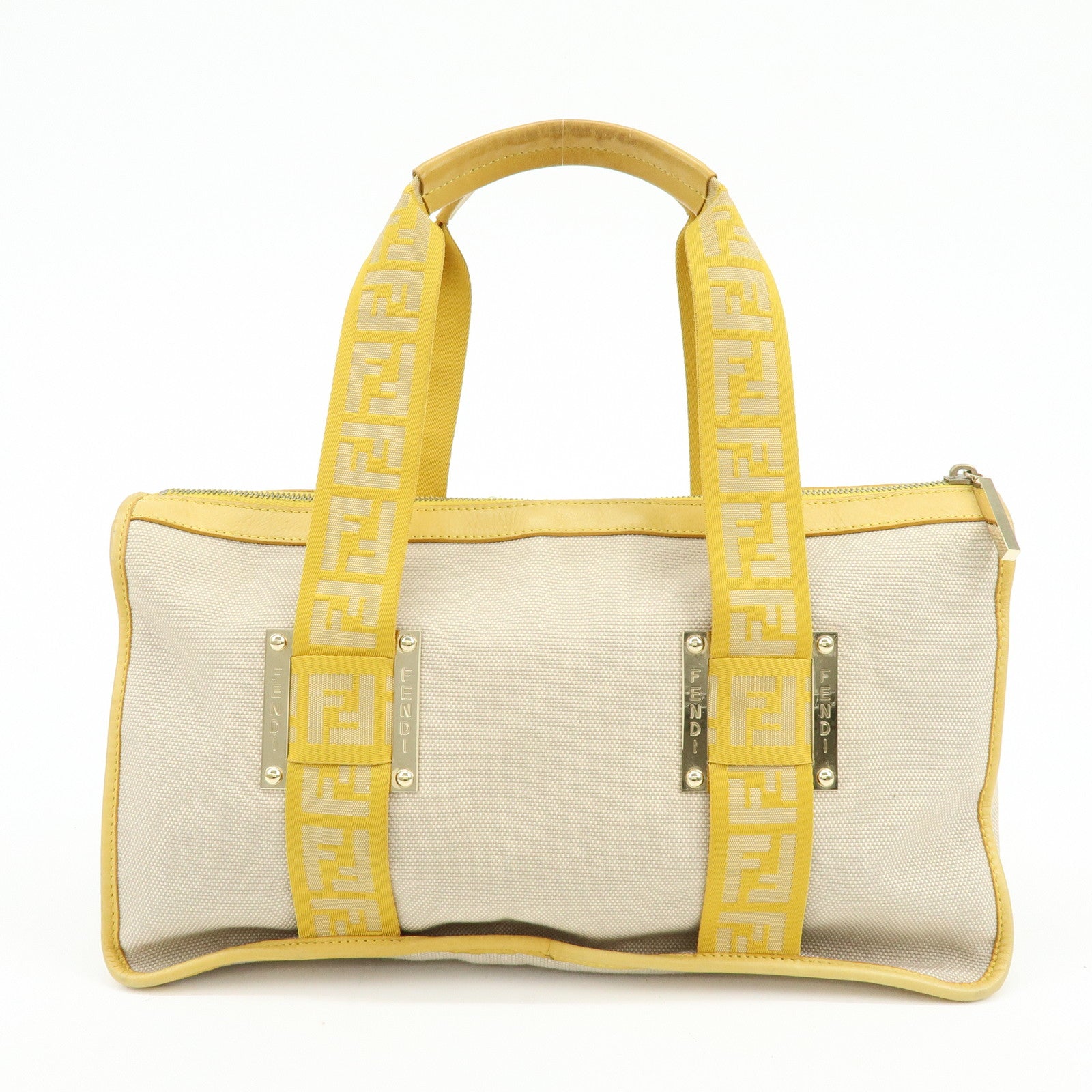 FENDI Zucca Canvas Leather Tote Bag Hand Bag Yellow Beige 8BN141MZH