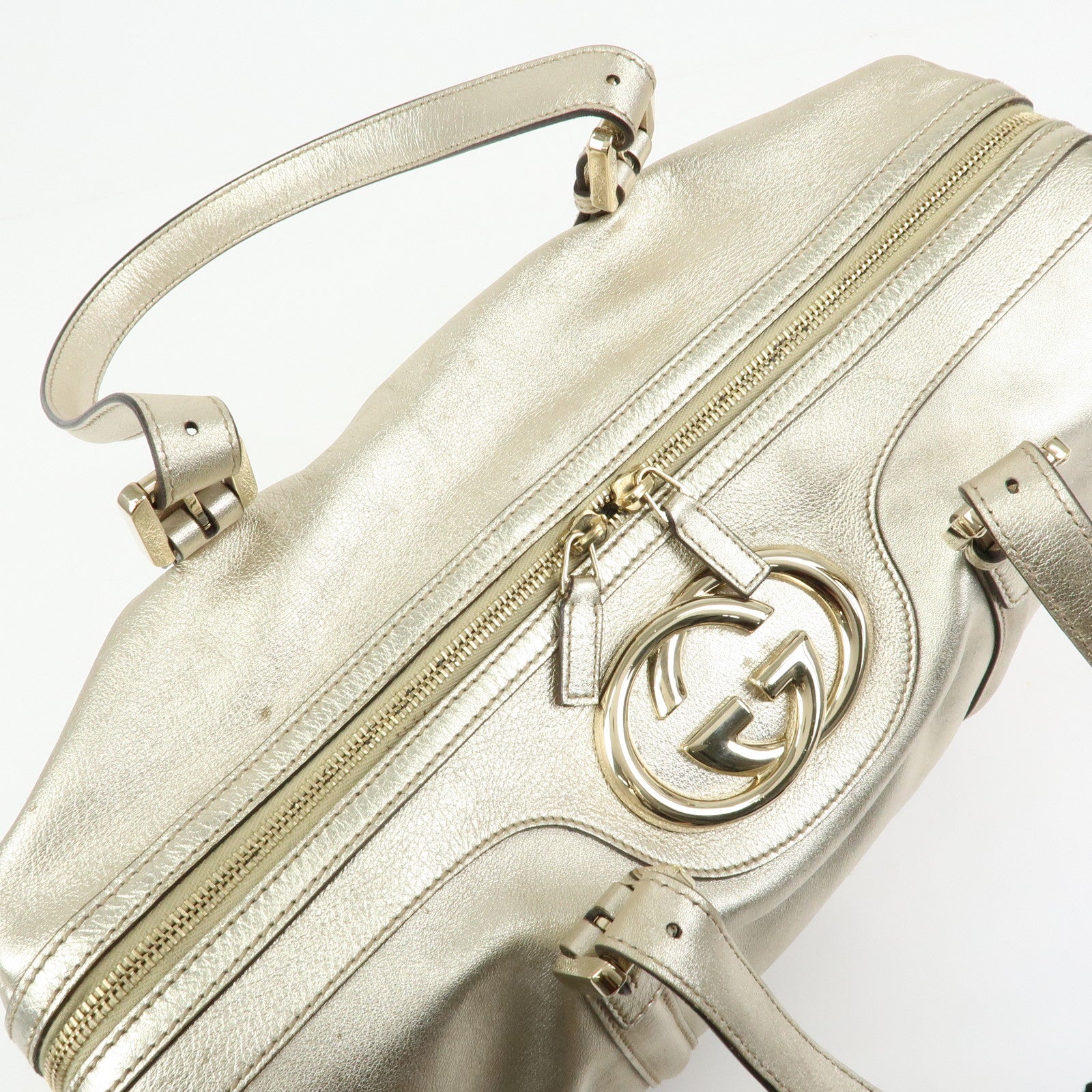 GUCCI Interlocking G Leather Boston Bag Hand Bag Gold 170010