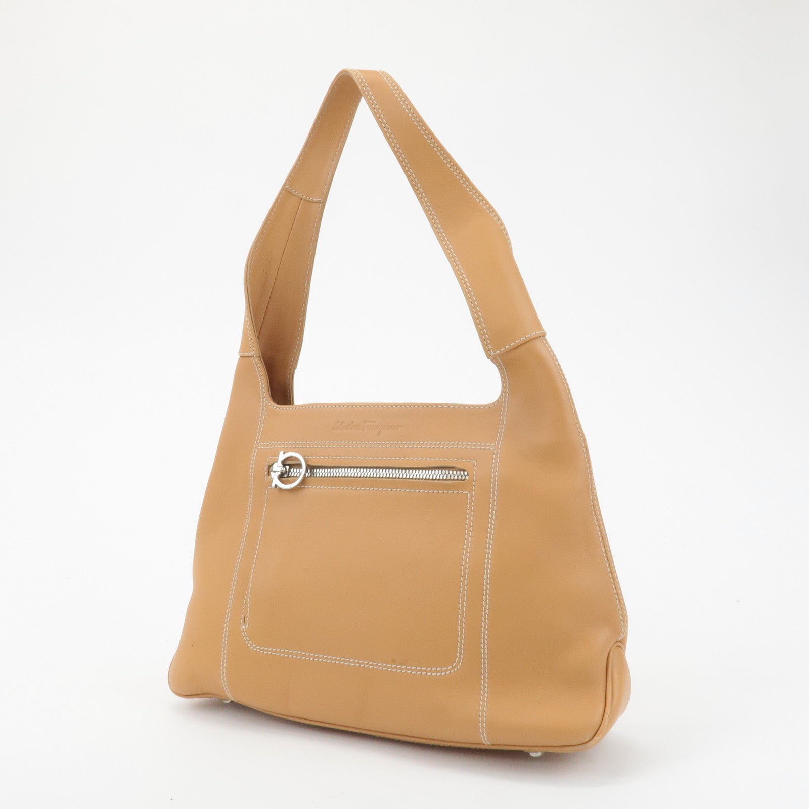 Ferragamo Gancini Leather Shoulder Bag Light Brown Silver HDW Used