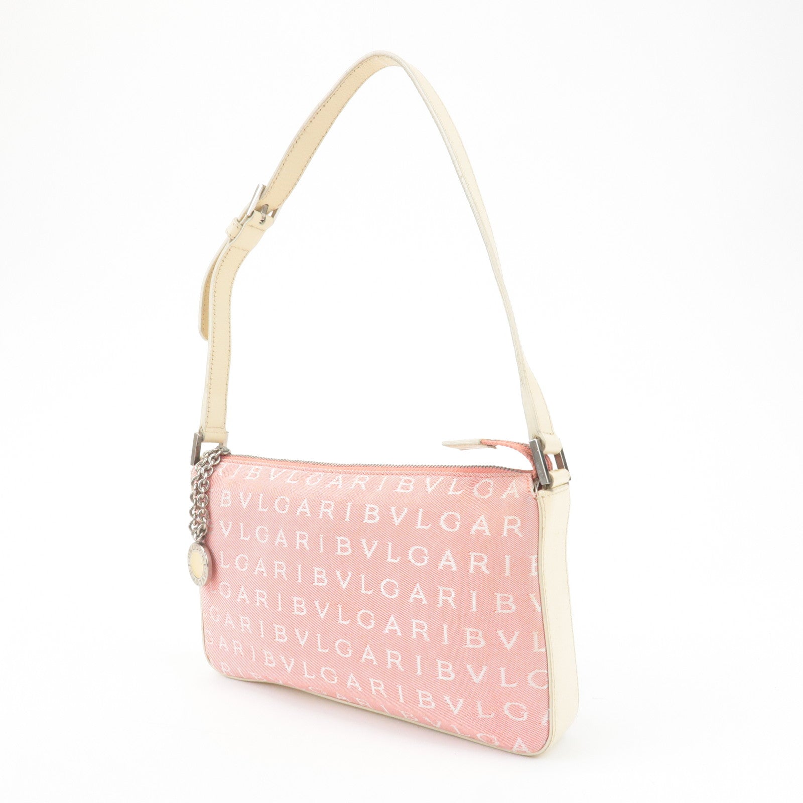 BVLGARI Logo Mania Leather Canvas Shoulder Bag Hand Bag Pink Used