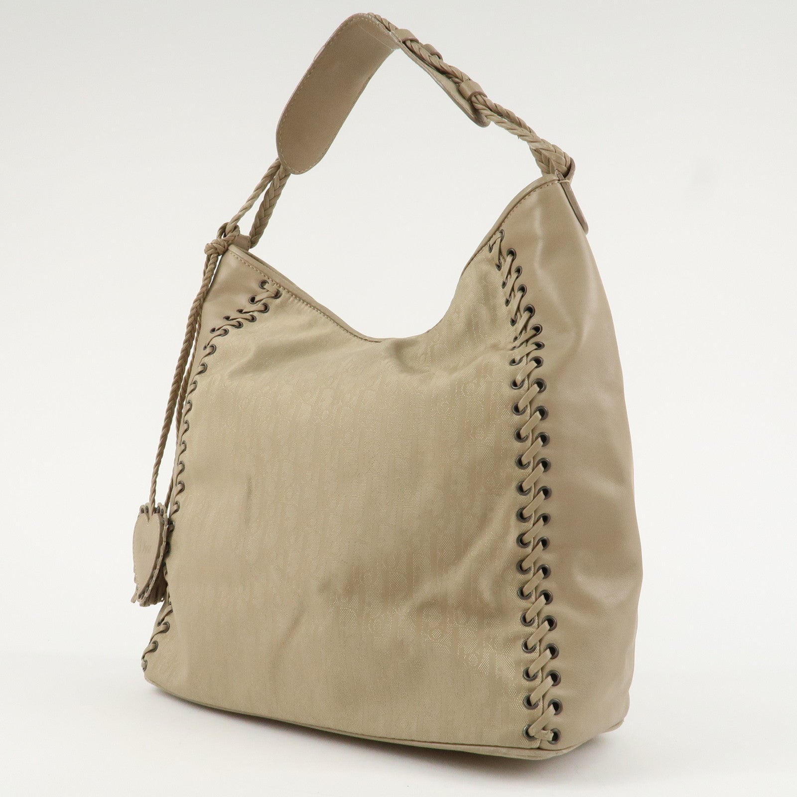 Christian Dior Trotter Canvas Leather Shoulder Bag Heart Charm Beige Used