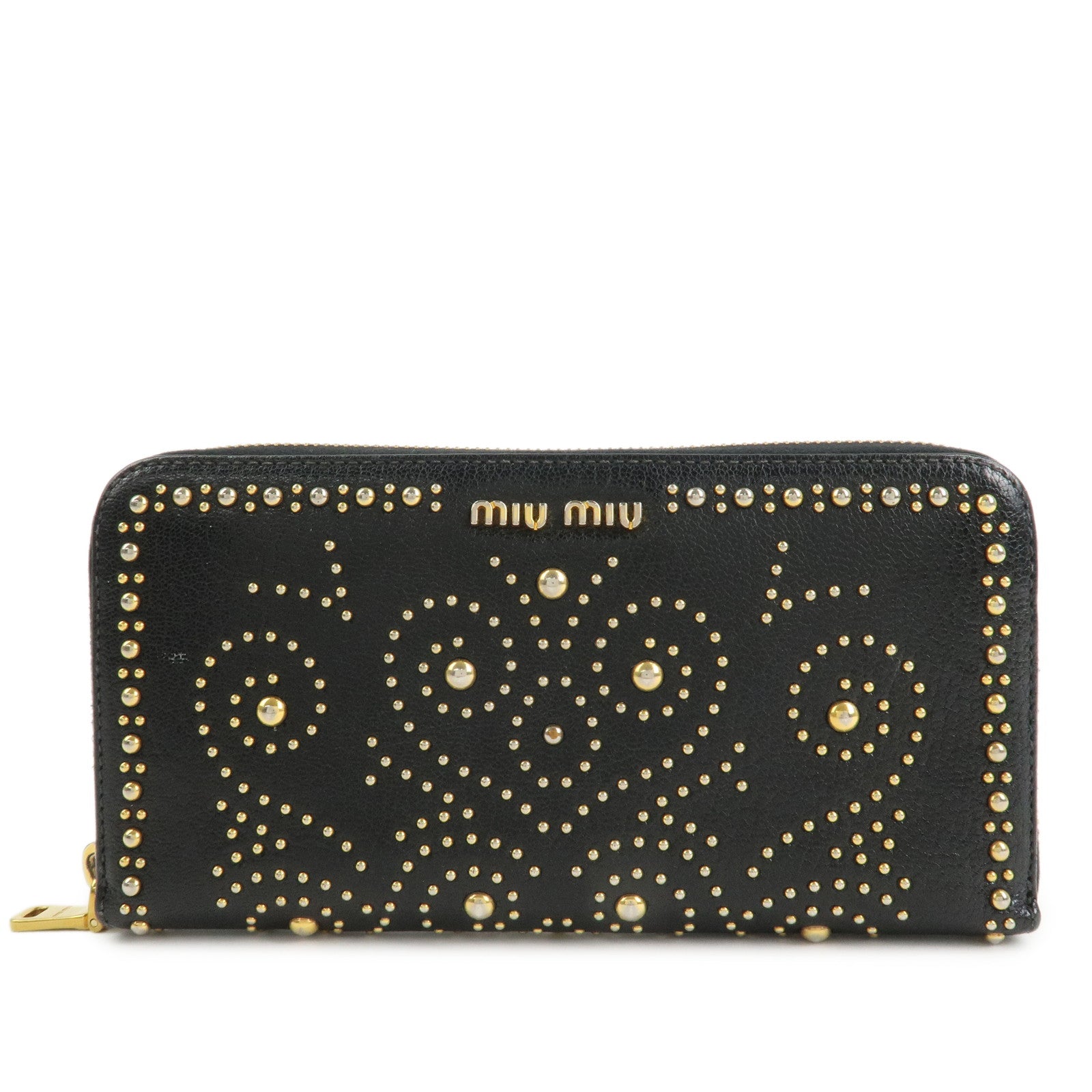 MIU MIU Leather Studs Round Zippy Long Wallet Black 5ML506 Used