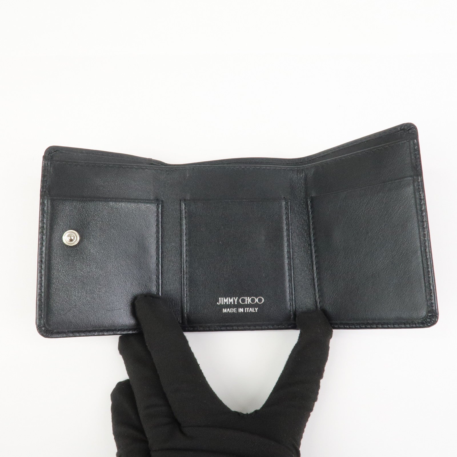 JIMMY CHOO Studs Leather Tri-Fold Compact Wallet Black