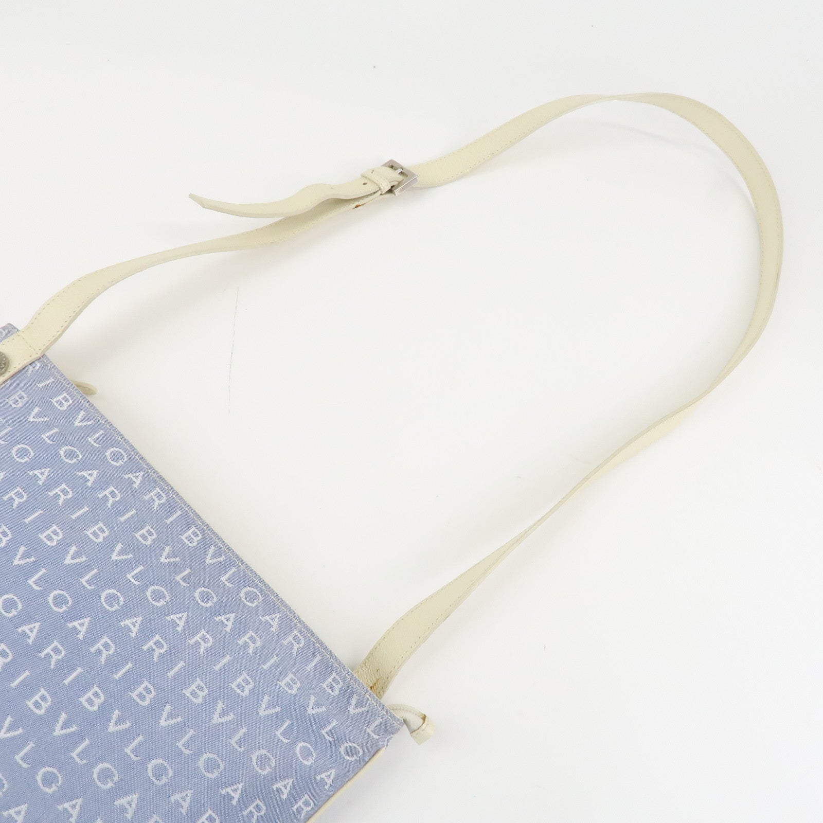 BVLGARI Logo Mania Leather Canvas Shoulder Bag Ivory Light Blue Used