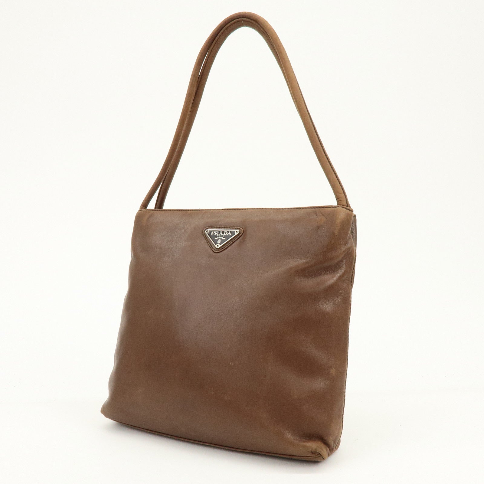 PRADA Triangle Logo Leather Shoulder Bag Crossbody Bag Brown