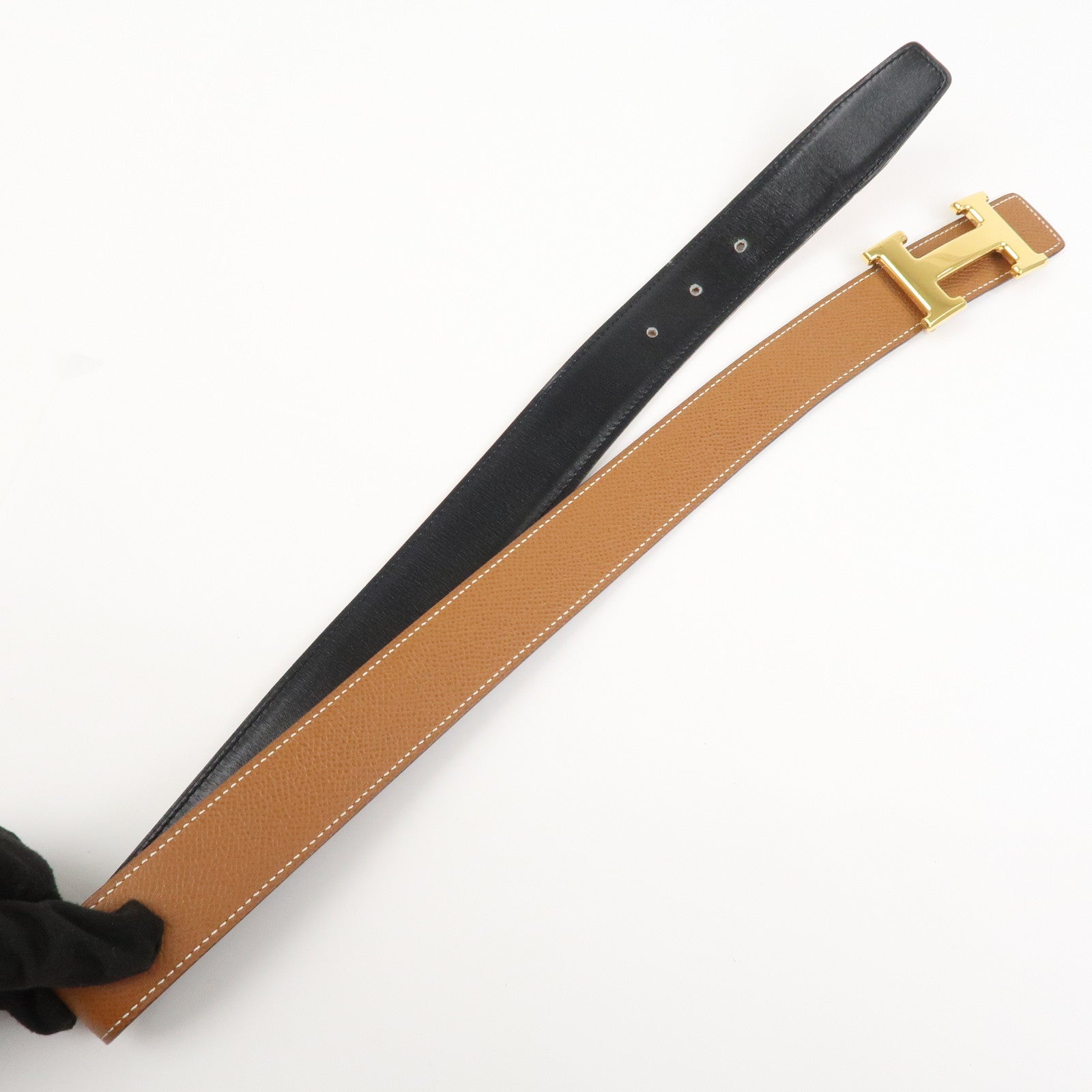HERMES Leather H Buckle Constance Belt Reversible Black