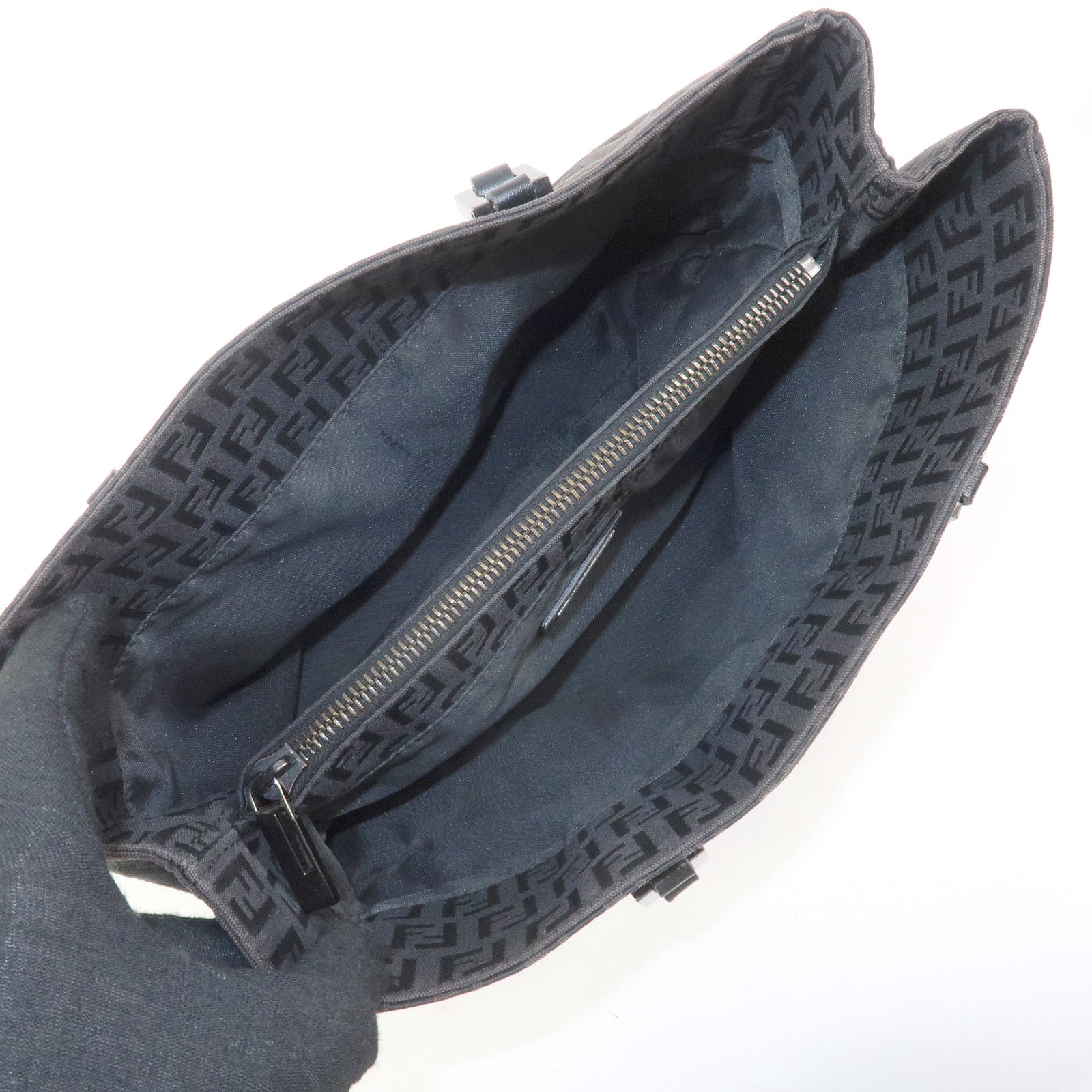 FENDI Zucchino Canvas Leather Hand Bag Tote Bag Dark Brown 8BH132