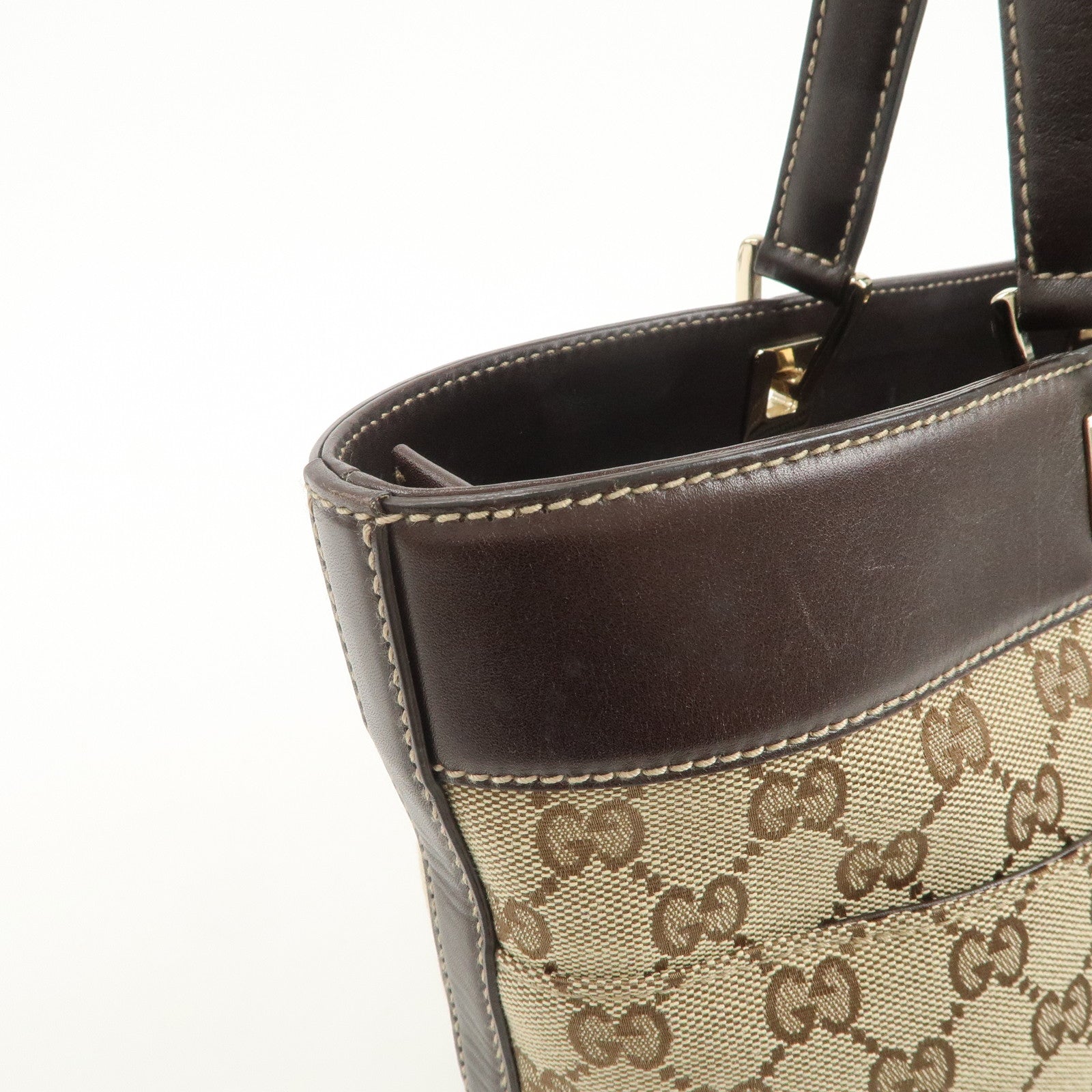 GUCCI GG Canvas Leather Tote Bag Hand Bag Brown Beige 145993