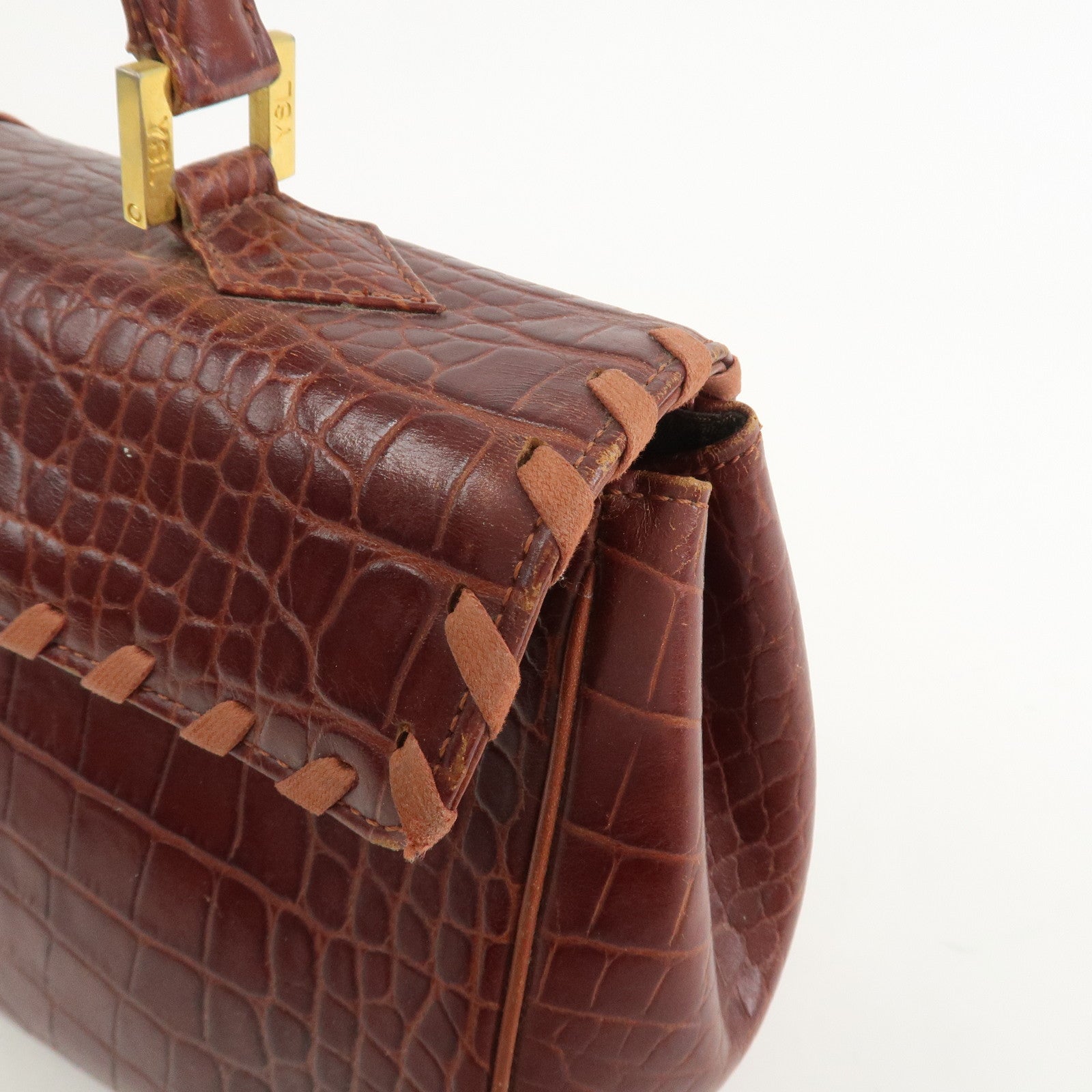 SAINT LAURENT PARIS Embossed Leather Hand Bag Red Brown