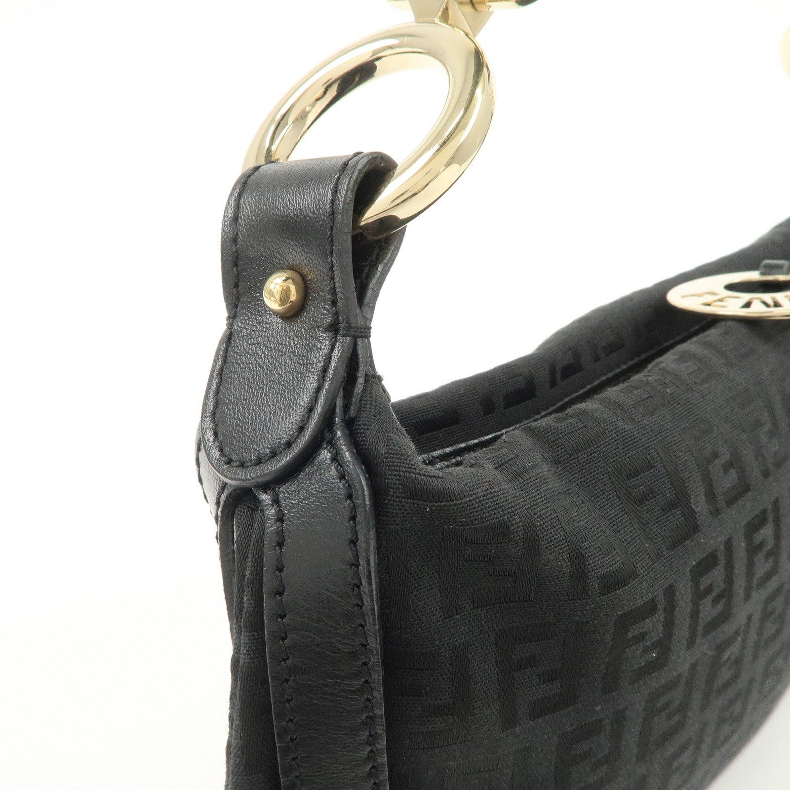 FENDI Zucchino Canvas Leather Logo Charm Shoulder Bag Black 8BR464