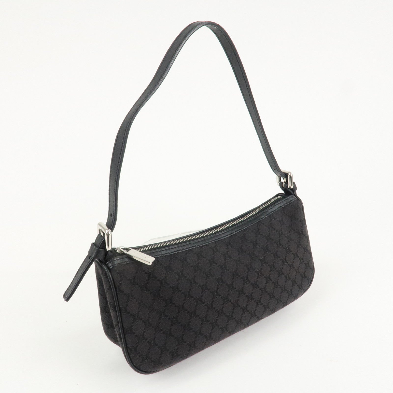 CELINE Macadam Canvas Leather Accessory Pouch Silver HDW Black Used