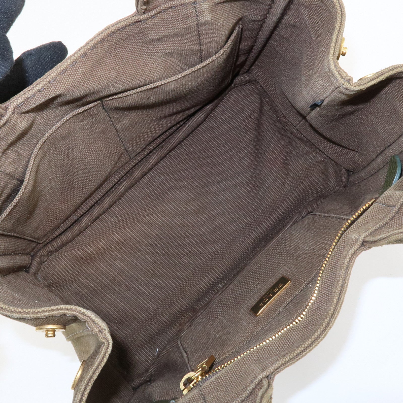 PRADA Logo Canapa Mini Canvas Tote Bag Hand Bag Khaki BN2439 Used