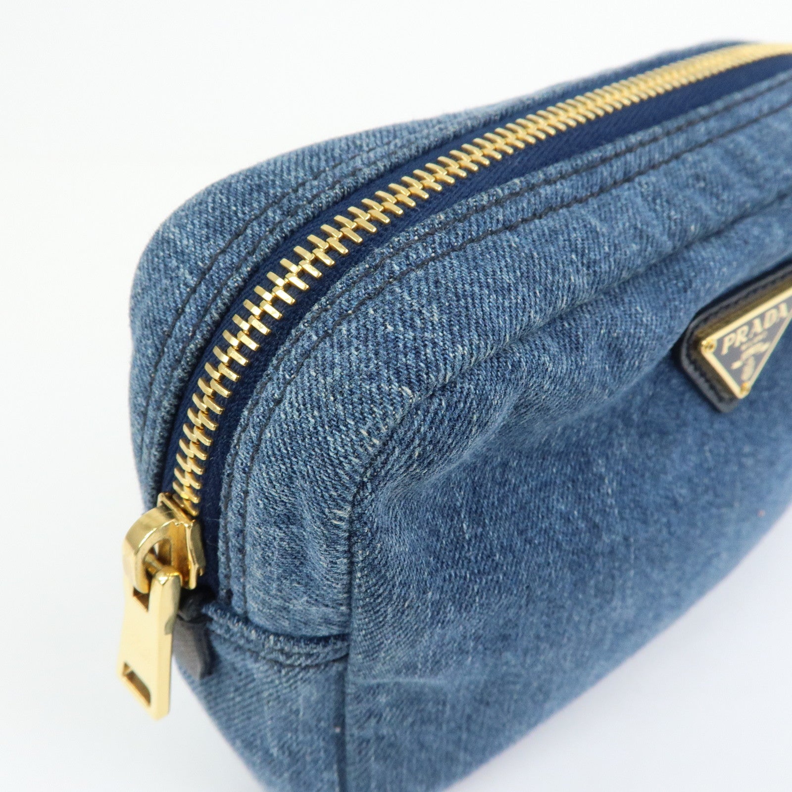 PRADA Triangle Logo Denim Cosmetic Pouch Accessory Pouch Blue