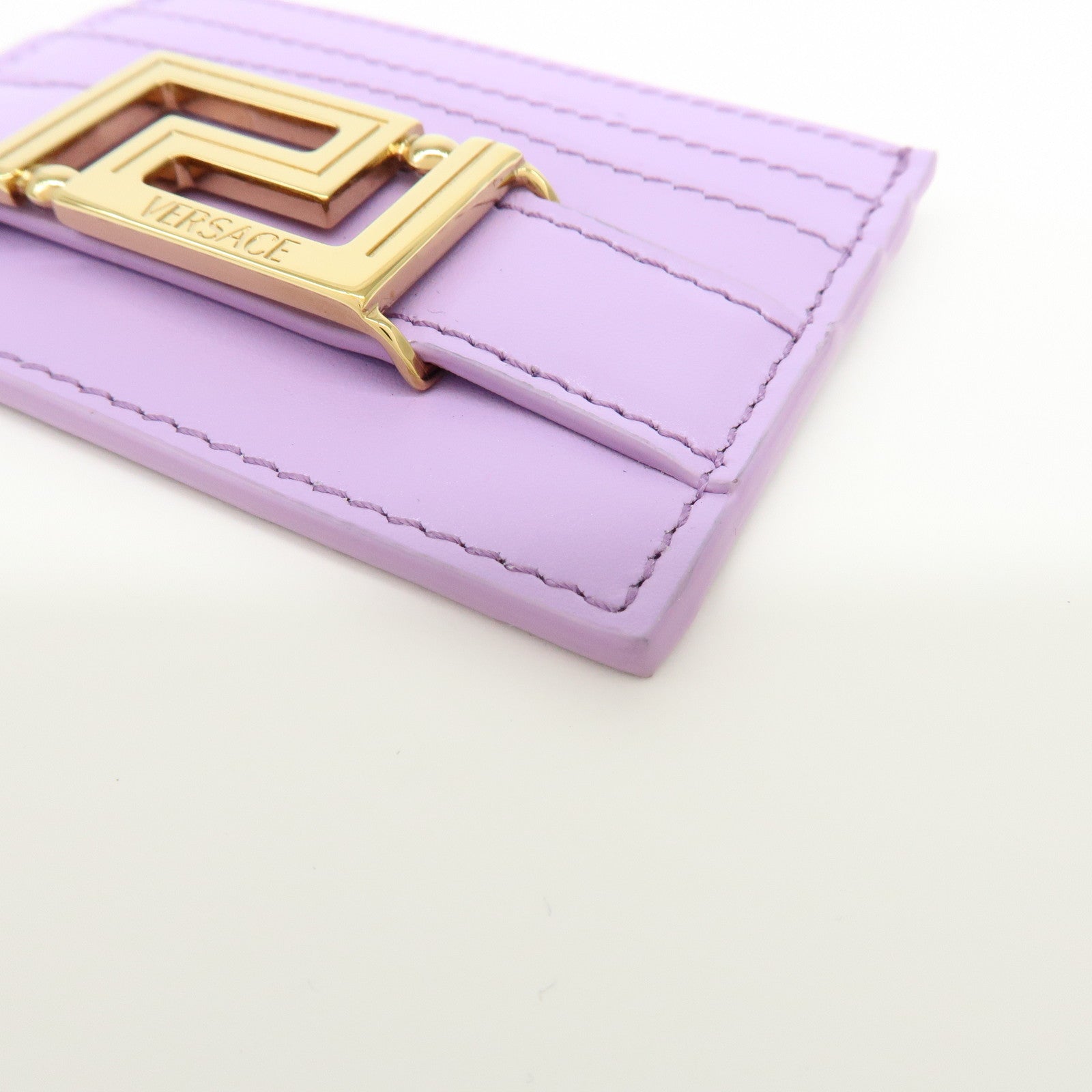 VERSACE Logo Leather Card Case Card Wallet Light Purple Gold
