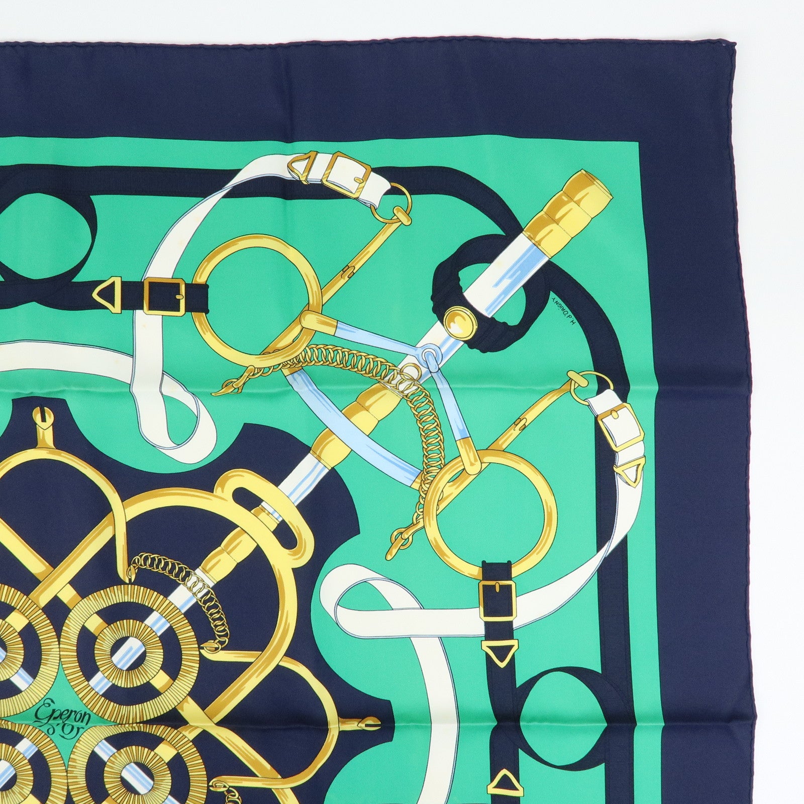 HERMES Carre 90 Silk 100% Scarf Eperon d'or Navy Green Gold
