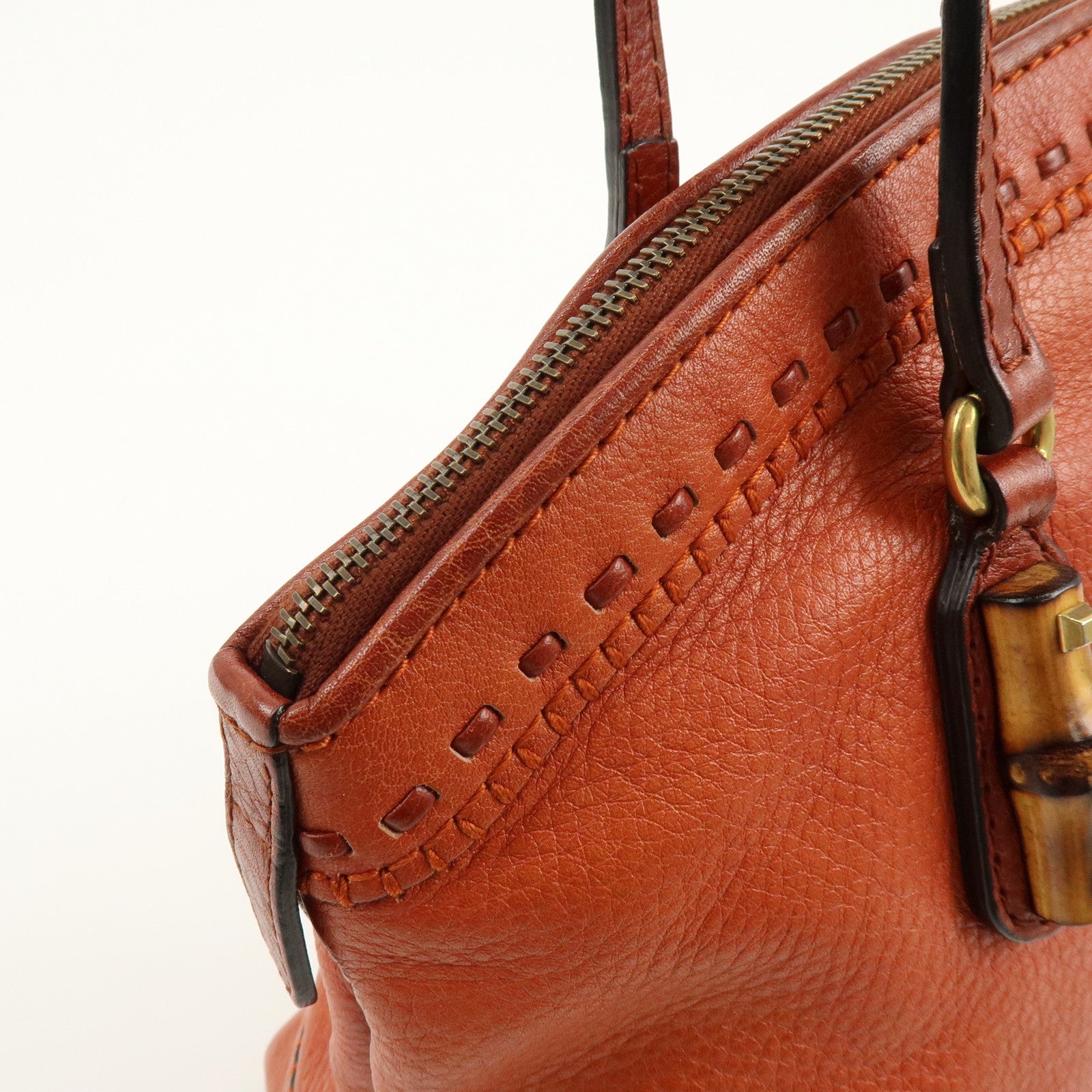 GUCCI Bamboo Laidback Crafty Leather Tote Hand Bag Orange 339002